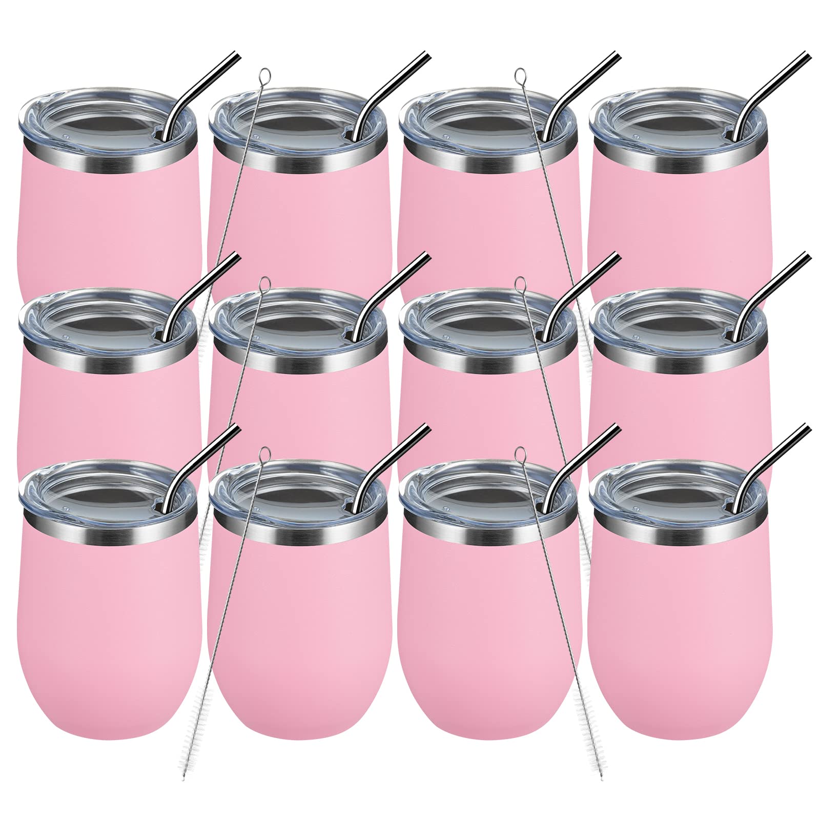 MEWAY 12oz/12 Pack Wine Tumbler Glasses with Lid - Double Wall Vacuum Stainless Steel (Pink, Set of 12)