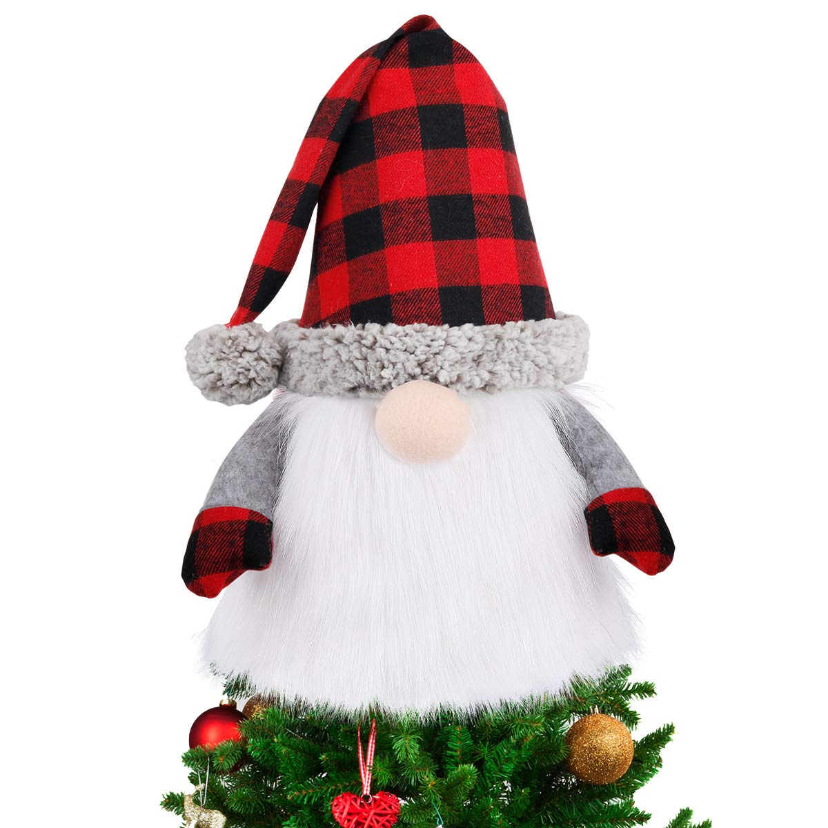 D-FantiX 27.5" Gnome Tree Topper with Plaid Hat (Large Swedish Tomte)