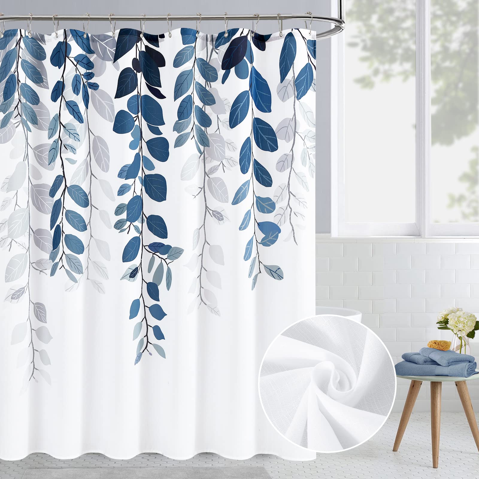 BOODII Extra Long Blue Eucalyptus Shower Curtains, Floral Watercolor Leaves 72x78