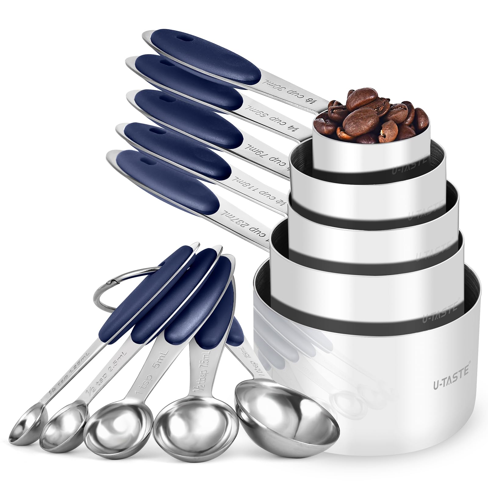 U-Taste Measuring Cups and Spoons, 18/8 Stainless Steel Set of 10 (Midnight Blue)