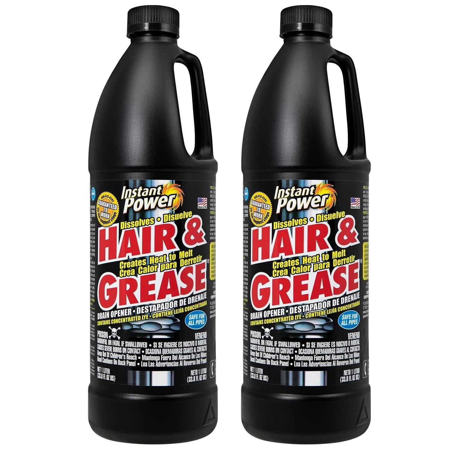 Instant Power Hair and Grease Drain Cleaner - Shower Drain & Sink Cleaner, Liquid Clog Remover, Made in USA, Sink Deodorizer - 1 Liter (Pack of 2) 33.8 oz (2 Pack)