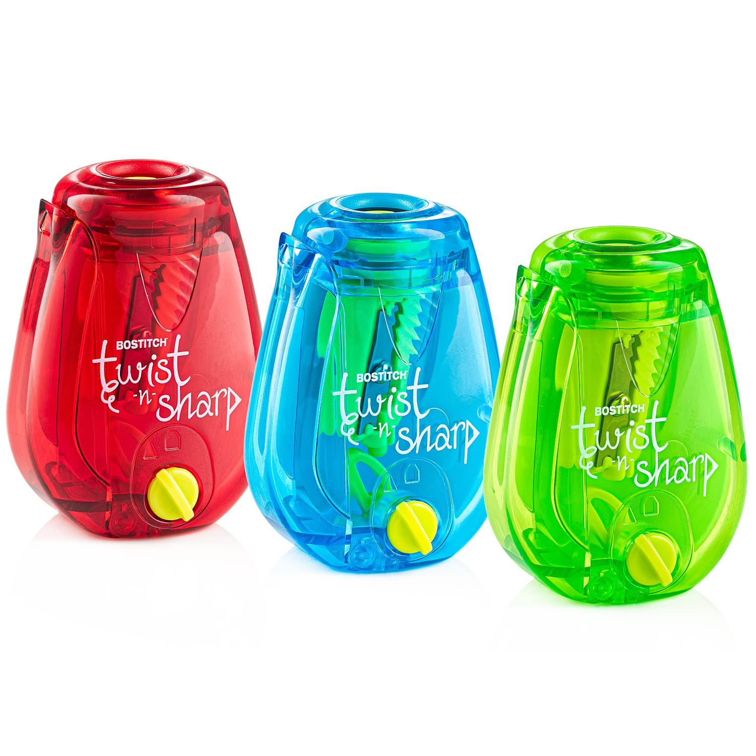 Bostitch Office Pencil Sharpener, Manual, Twist-n-Sharp with Shavings Tray, Kids, Boys, Girls, Colored Pencils, 3-Pack, Lime Green, Blue and Red Vibrant Colors