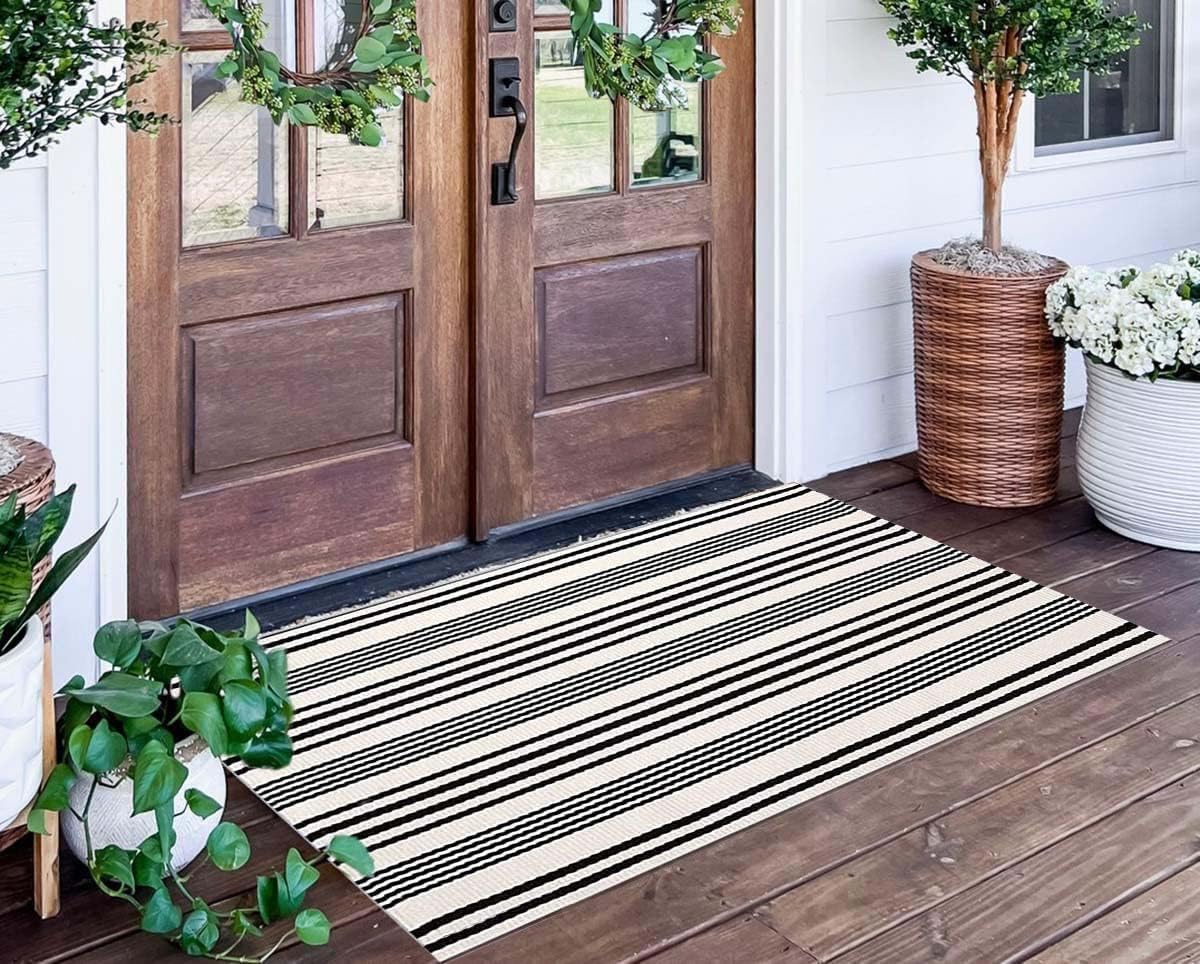 Black & White Striped Outdoor Rug 24 x 51 Inches — Hand-Woven