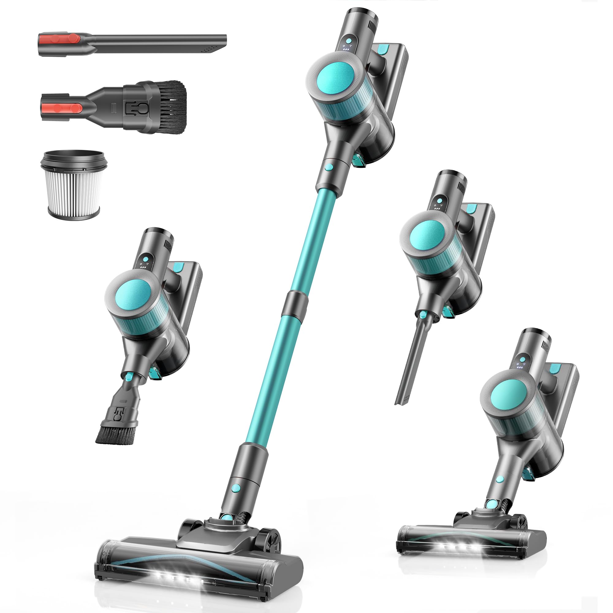 Dzaki Cordless Vacuum Cleaner, Stick Vacuum with Smart LED Display, 50KPA 55Mins Vacuum Cleaners for Home, Powerful Suction, Anti-Tangled Lightweight Rechargeable Vac for Pet Hair, Carpet Turquoise