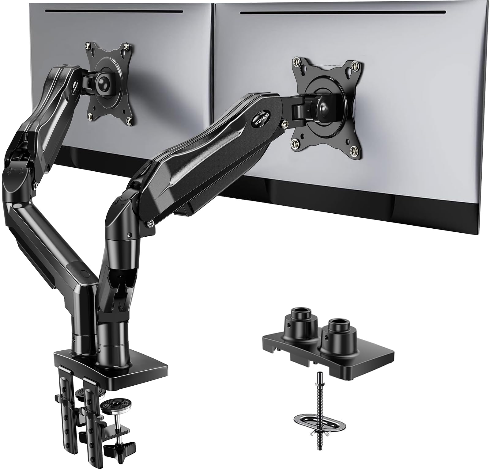 HUANUO FlowLift™ Dual Monitor Stand, Fully Adjustable Gaming Monitor Desk Mount for 13–32″ Computer Screens, Full Motion VESA 75x75/100x100 with C-Clamp & Grommet Base, Each Arm Holds 4.4 to 19.8 lbs Black 13-32 Inch