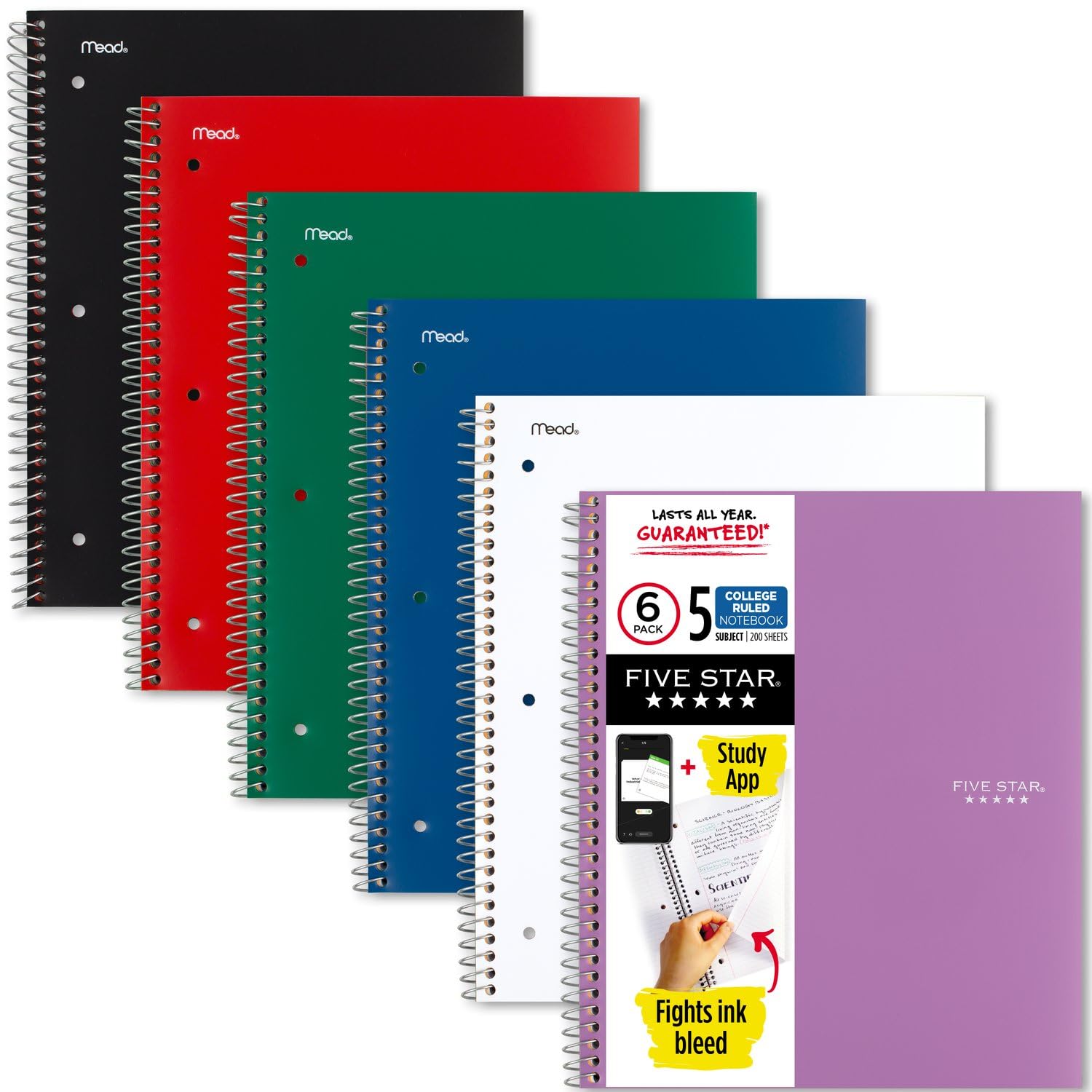 Five Star 5-Subject Spiral Notebook (6-Pack, College Ruled, 200 Sheets)