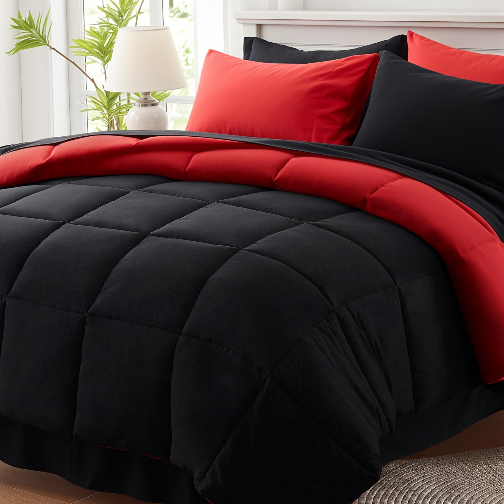 Anluoer Queen Comforter Set 7 Piece, Reversible Bed in a Bag Queen Size, Lightweight Bedding Set with 1 Comforter(88"*88"), 2 Pillow Shams, 2 Pillowcases, 1 Flat Sheet, 1 Fitted Sheet, Red & Black 01 - Black&red-grid Queen(88"*88")