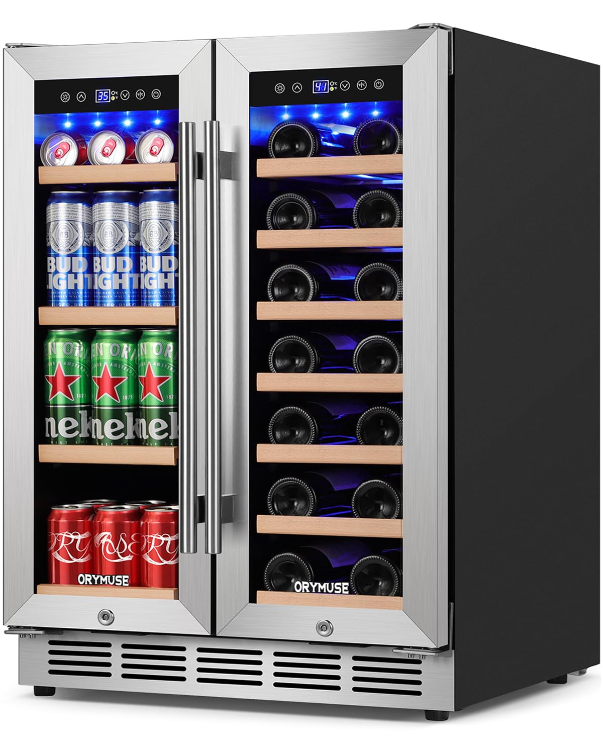 24 Inch Dual Zone Wine and Beverage Refrigerator, Built-in or Freestanding Cooler with French Doors, Under Counter Drink Fridge with Upgraded Compressor for Beer, Wine, and Soda 24 Inch - 88 Can and 20 Bottle/4.65 cu.ft