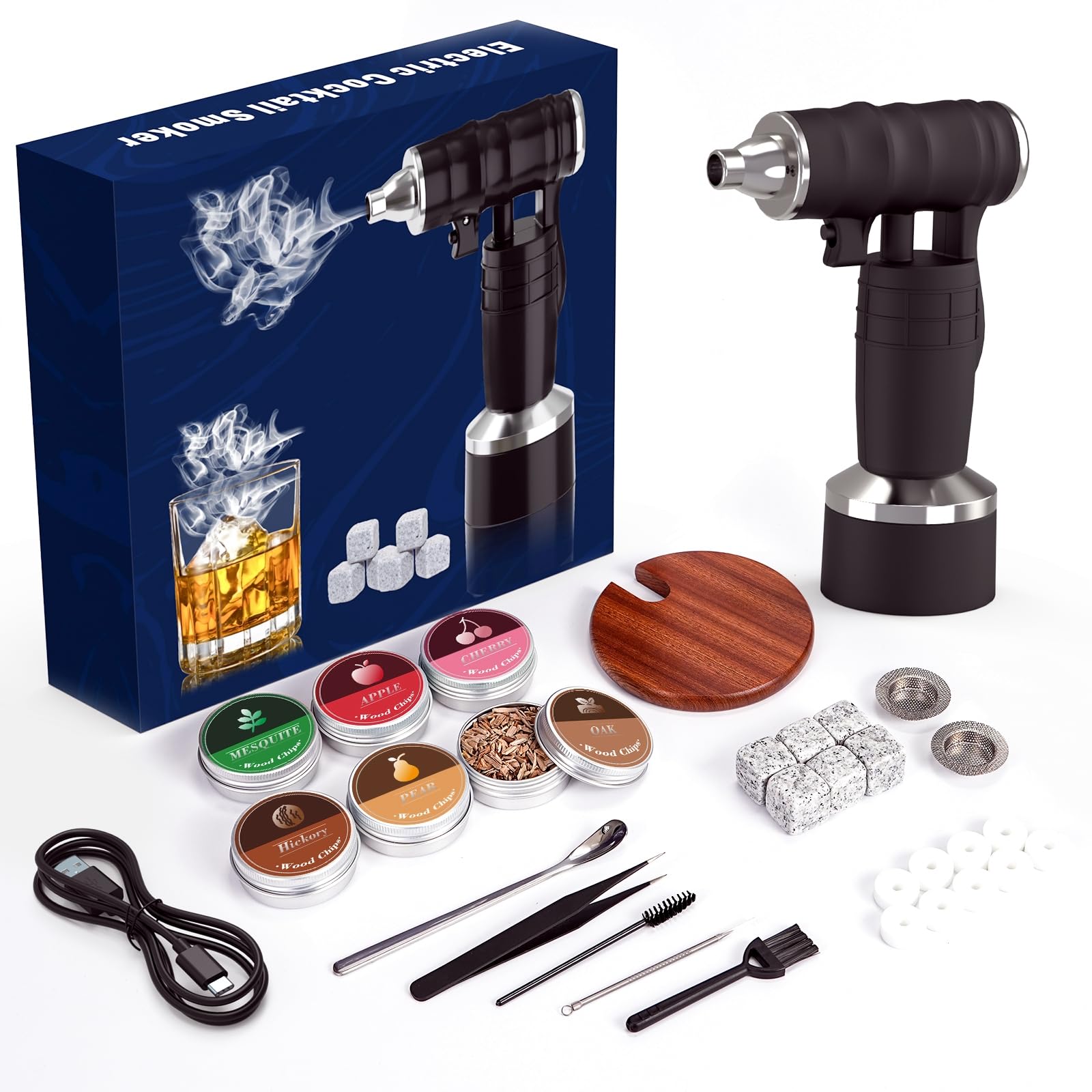 Electric Cocktail Smoker Kit - Rechargeable Smoking Gun with 6 Wood Chips, Butane Not Required