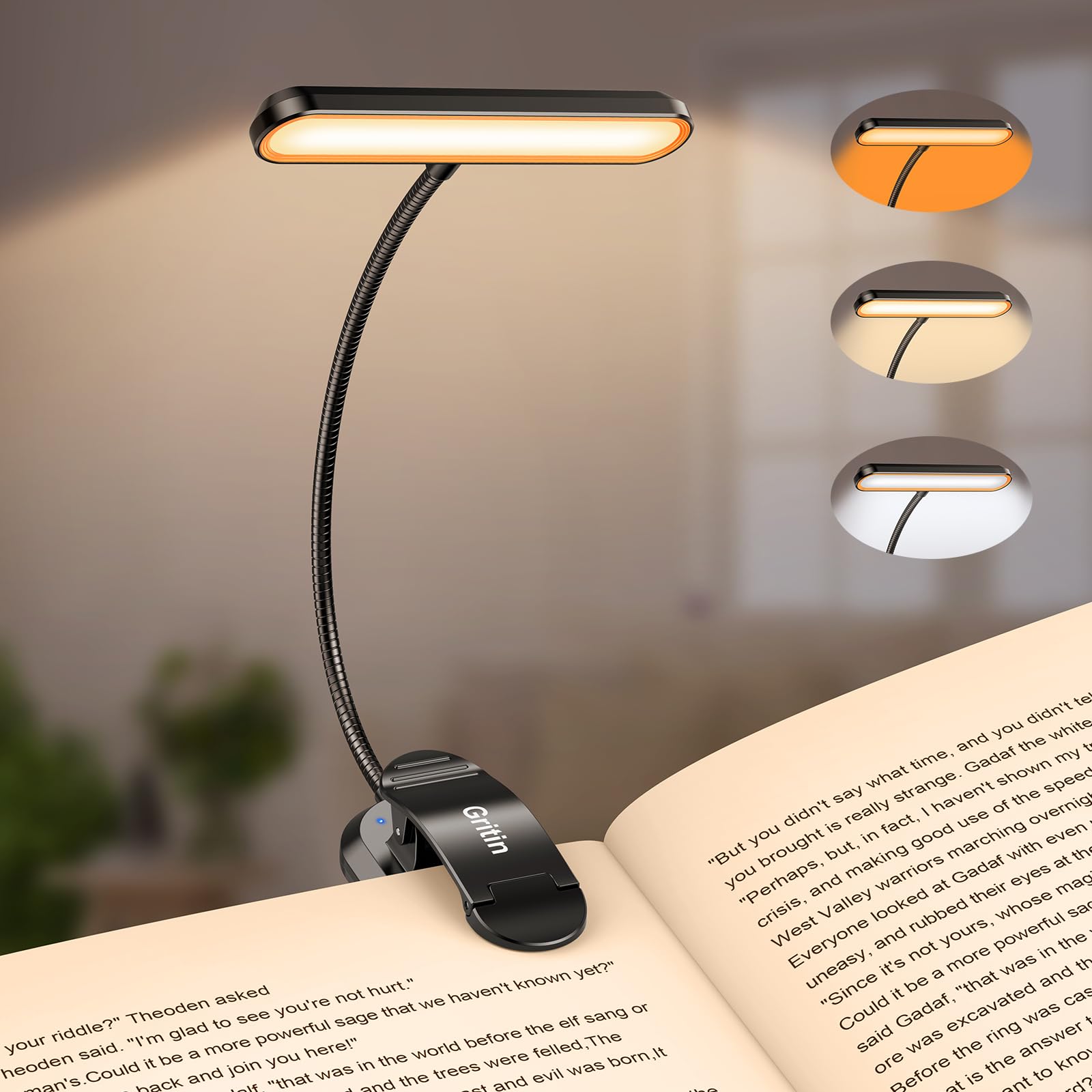 Gritin Rechargeable Book Light for Reading in Bed with 19 LED & Memory Function - 3 Color Temperatures, 5 Brightness Levels