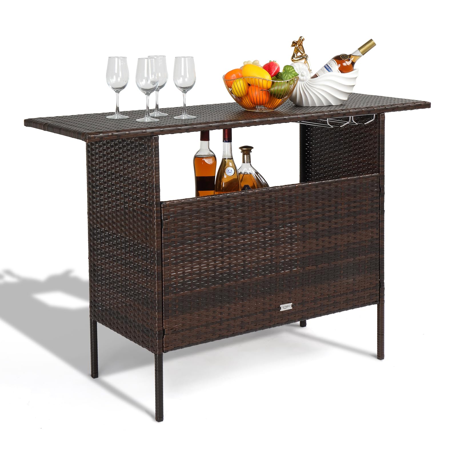 VINGLI Wicker Outdoor Bar Table with Shelves