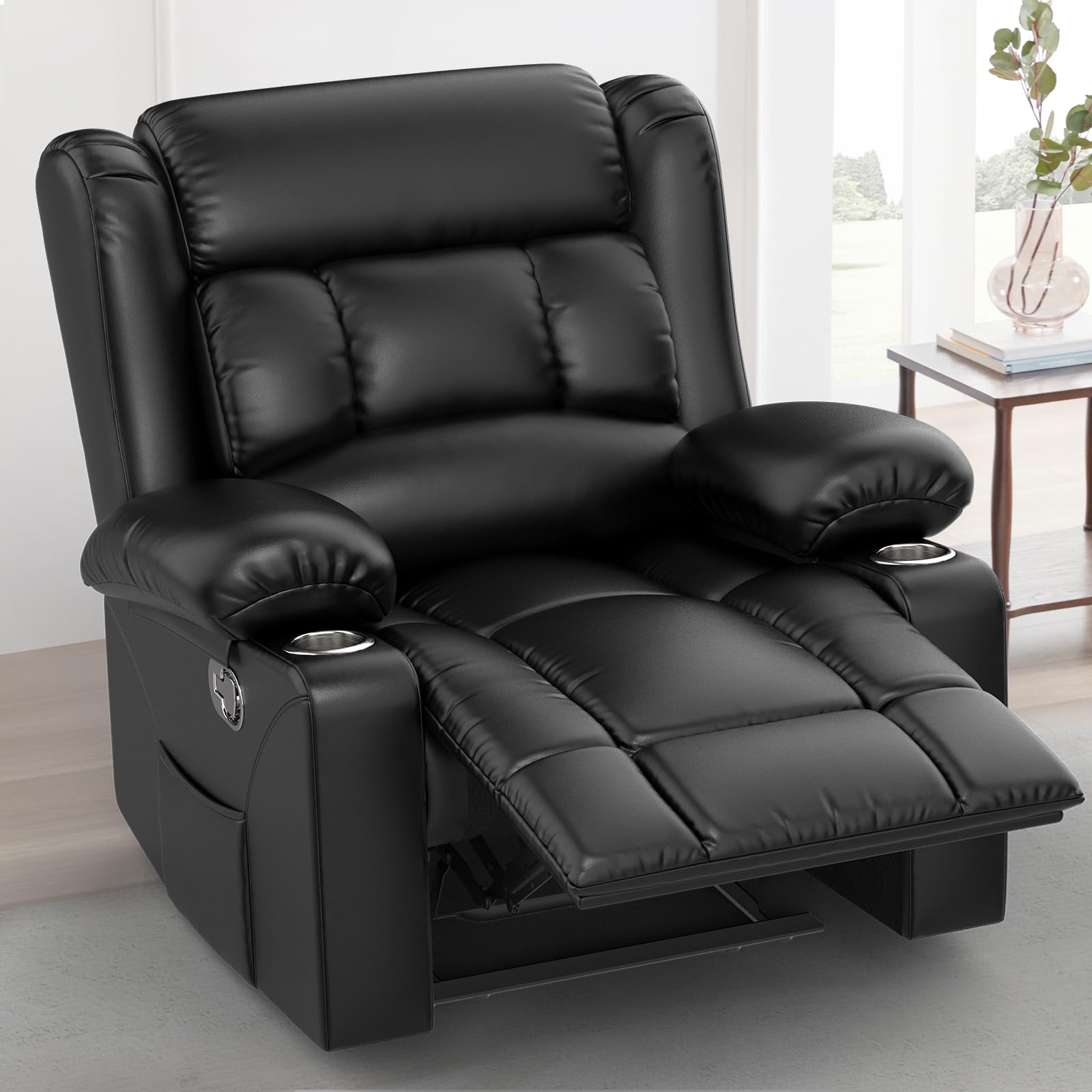 FURNIMAT Oversized Manual Reclining Chair with Cup Holder & Pocket (Black)