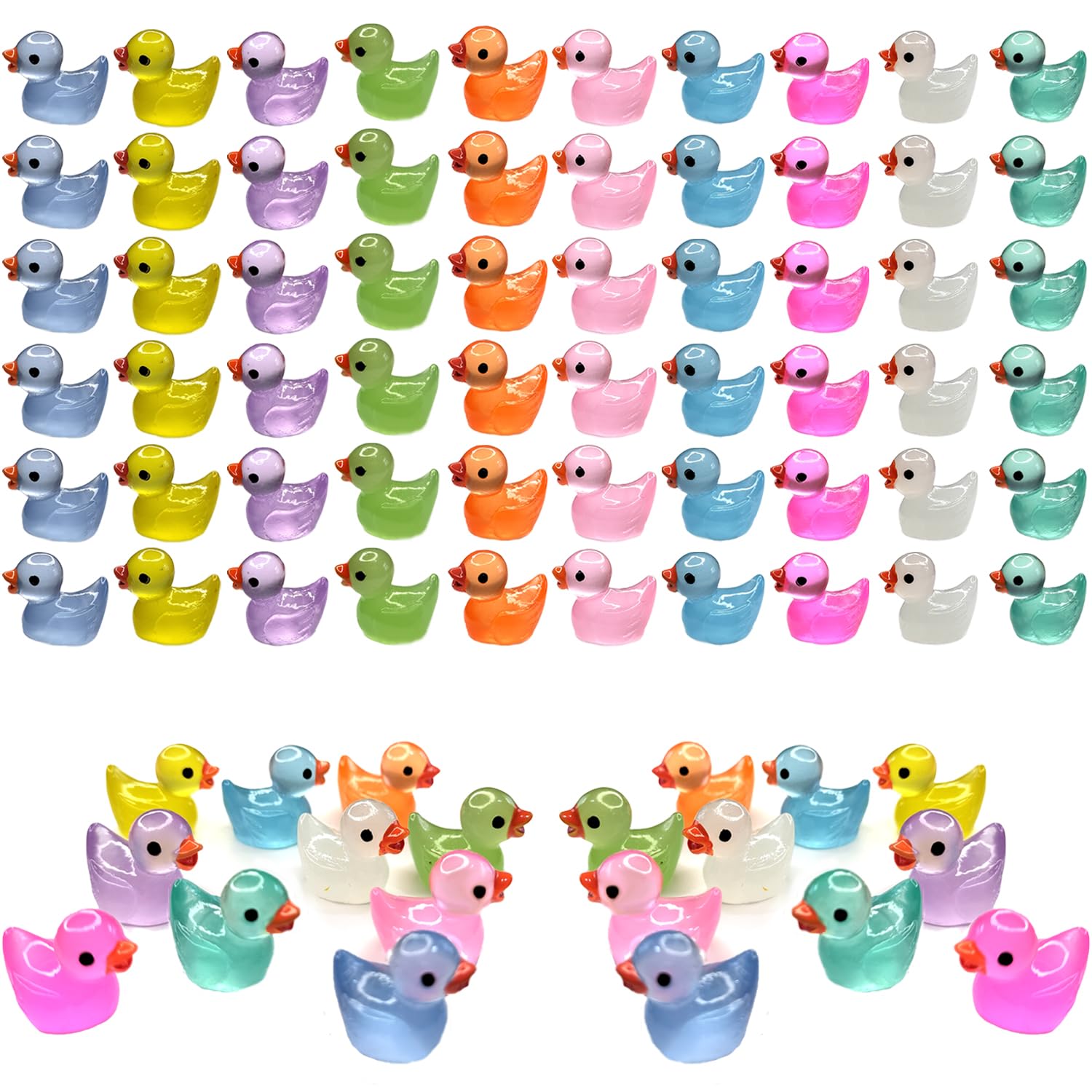 60 Pcs Mini Resin Ducks Luminous Tiny Ducks Miniature Duck Glow in The Dark for DIY Garden Dollhouse Duck Accessories Micro Landscape Aquarium Party Decor 60pcs Luminous Ducks