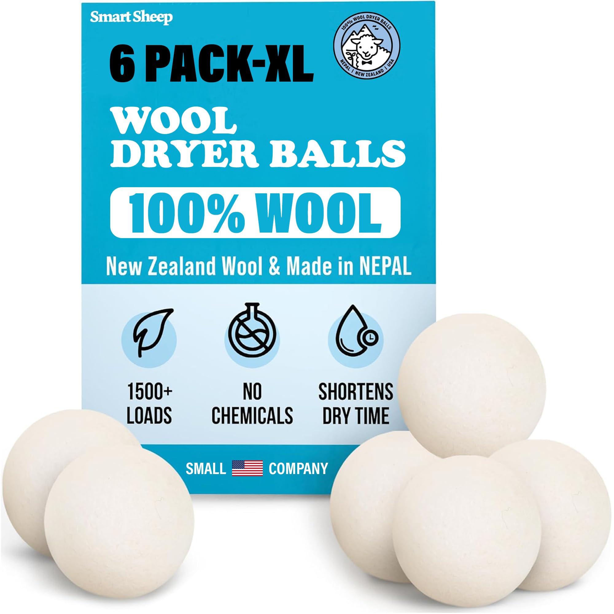 Smart Sheep Wool Dryer Balls - 6-Pack - XL Premium Natural Fabric Softener