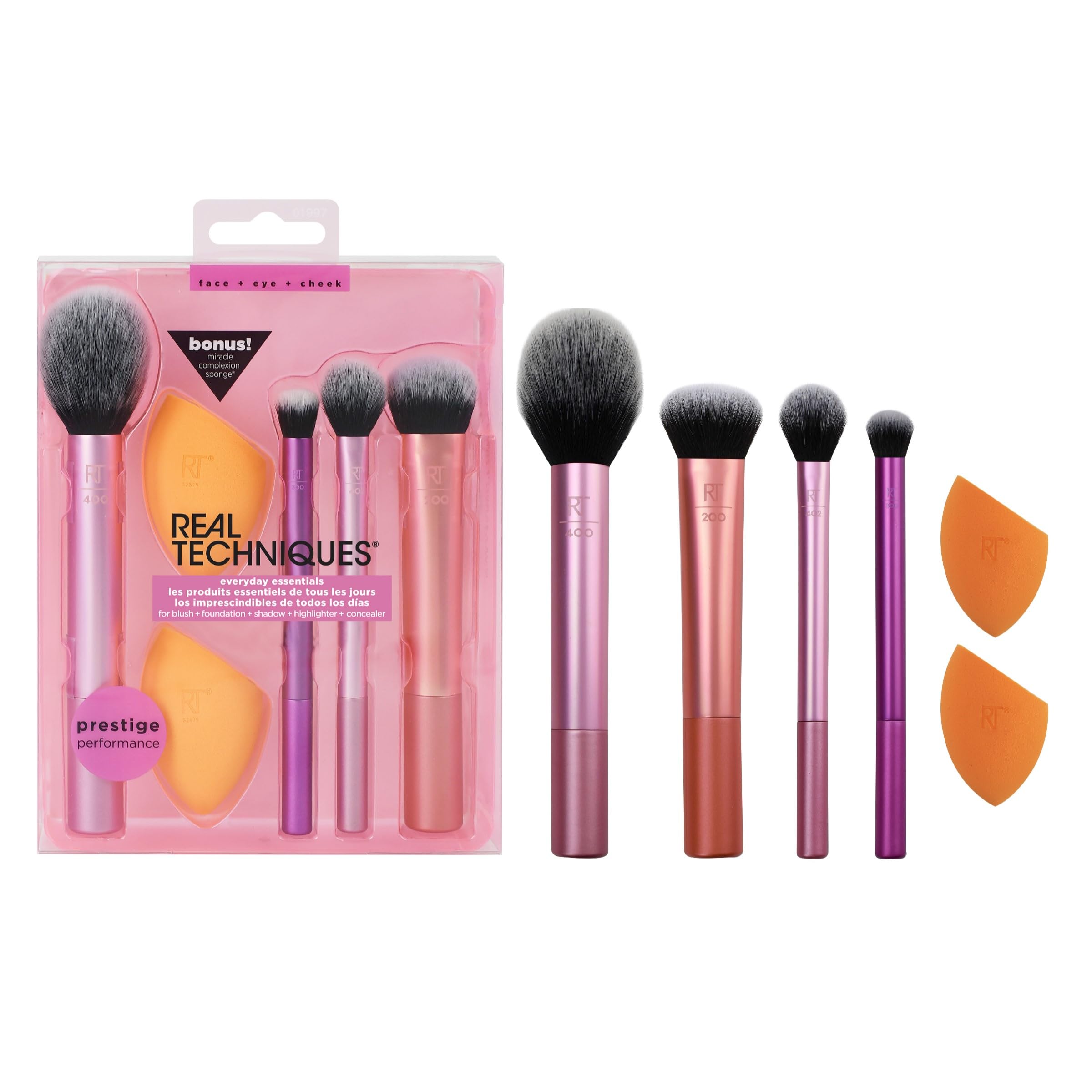 Real Techniques 6 Piece Everyday Essentials Makeup Brush Set, Includes 4 Brushes & 2 Makeup Sponges, For Foundation, Blush, Bronzer, Contour, Eyeshadow, & Powder, Travel Gift Set, Cruelty-Free & Vegan 1 Count (Pack of 1)