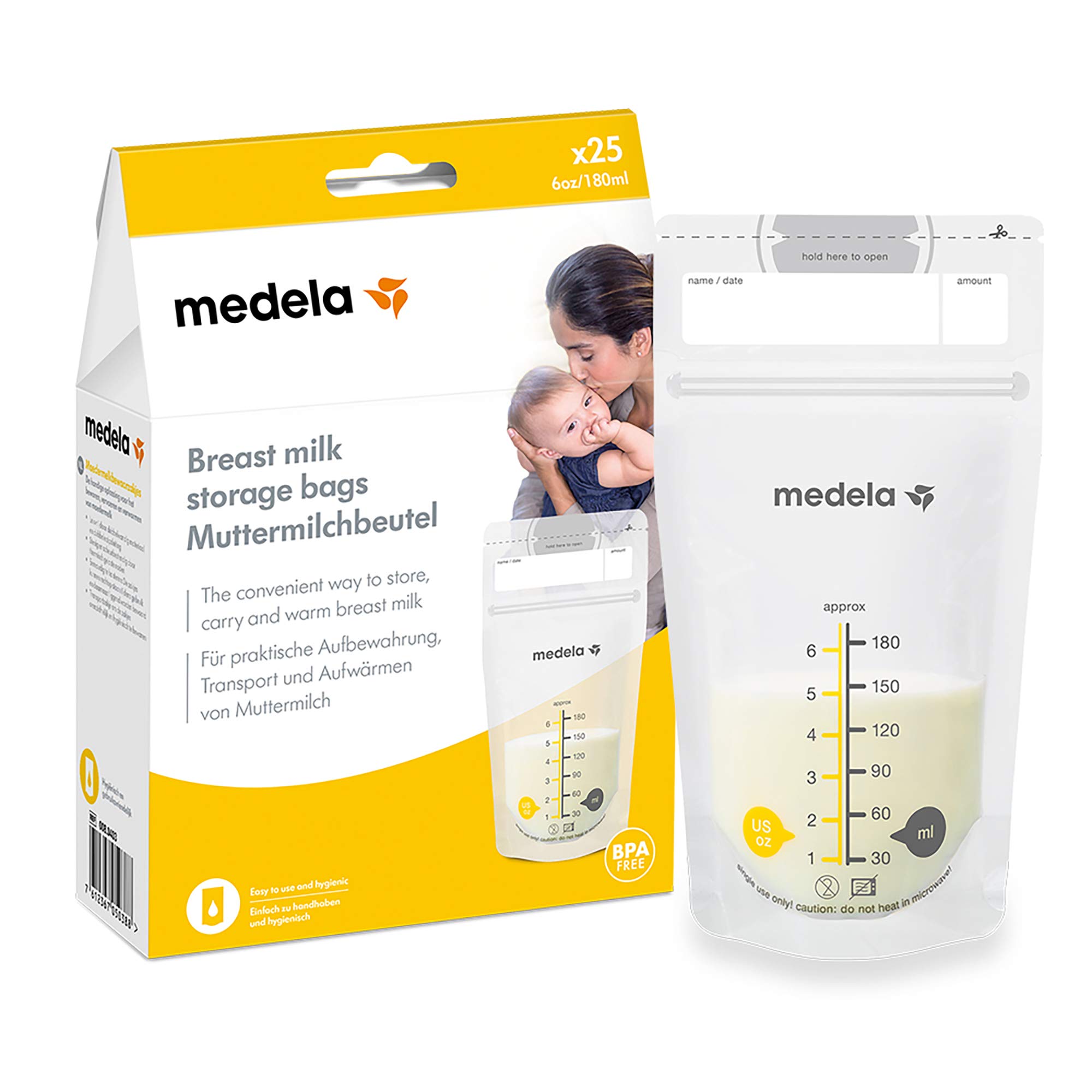 Medela Set of 180 ml Breast Milk Storage Bags - Pack of 25 BPA-Free Breast Milk Collection Pouches with Double Zip, Quick Freeze and thaw 25 (10) single