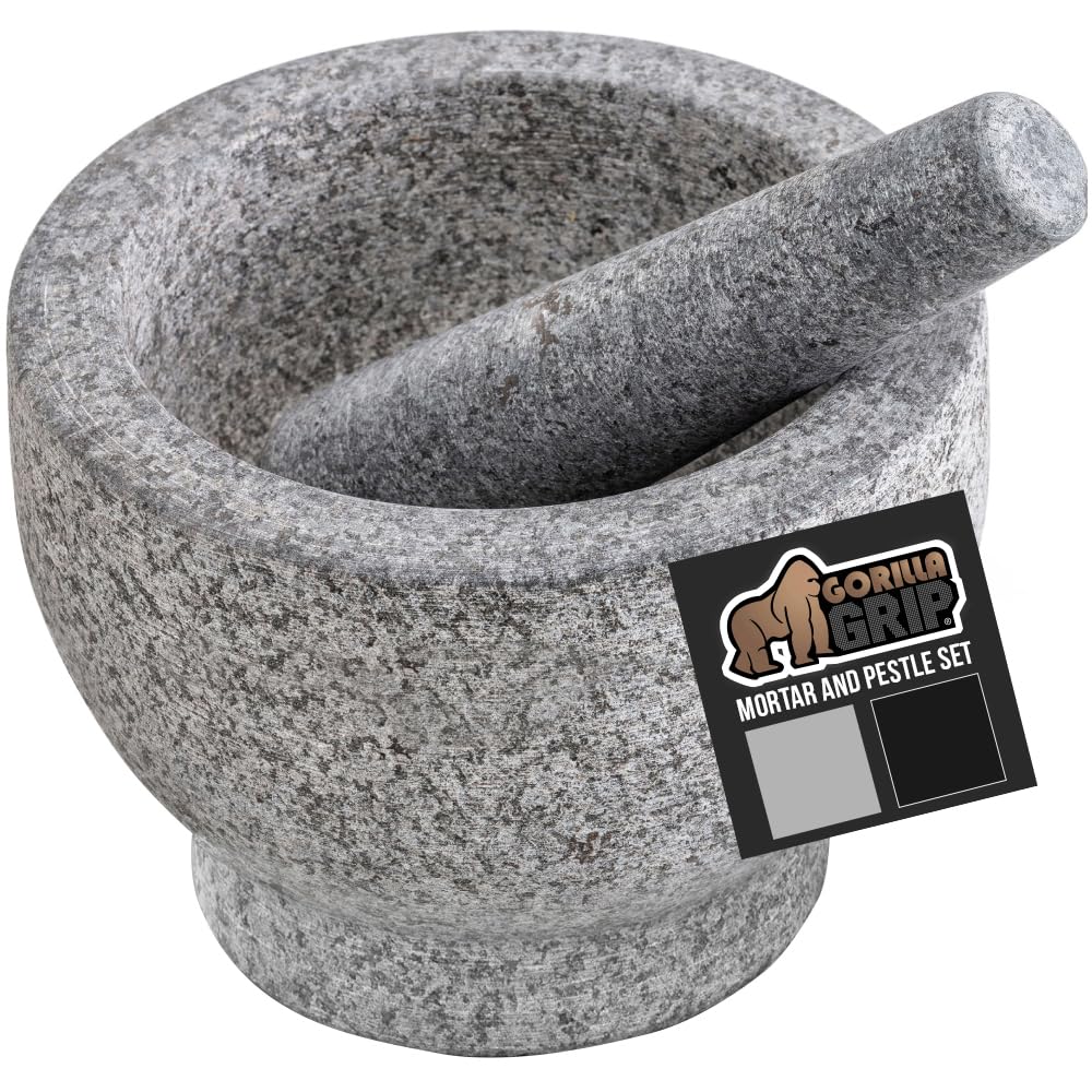 GORILLA GRIP Heavy Duty Mortar and Pestle Set - 100% Granite Stone Molcajete