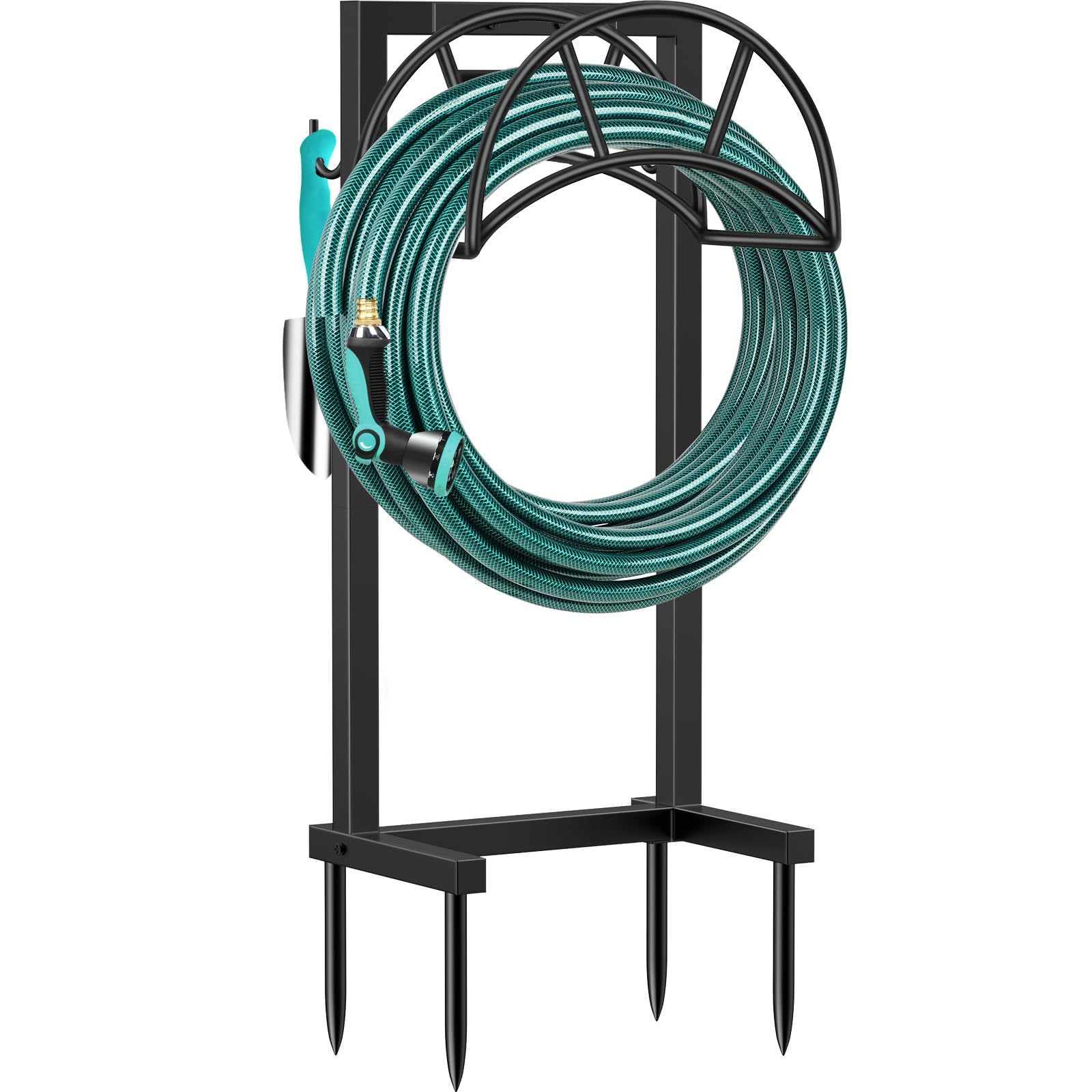 TomCare Garden Hose Holder 4 Spikes Garden Hose Reel Hose Stand Upgraded Water Hose Storage with Tool Hooks Holds 160ft Hoses, Black