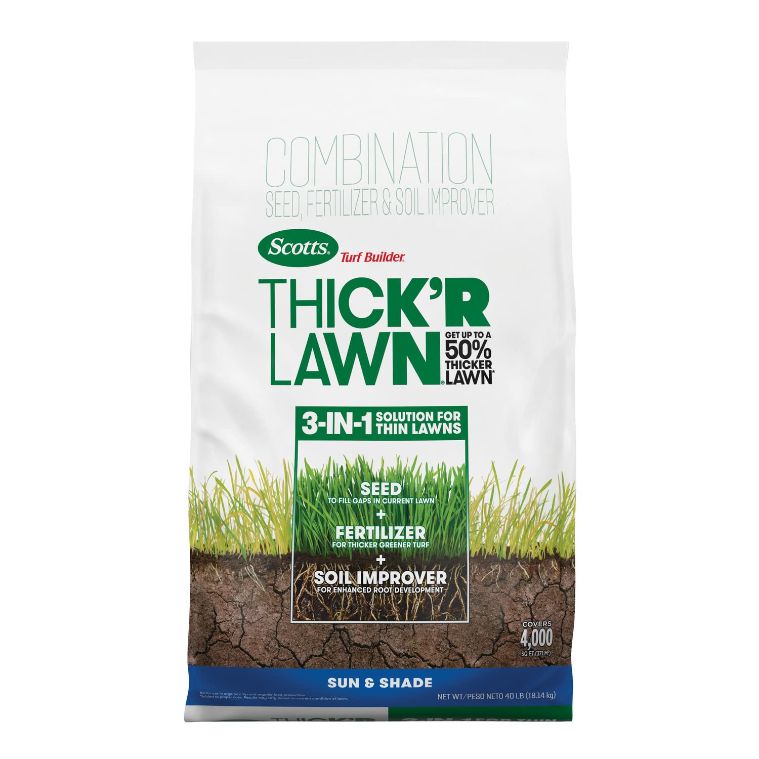 Scotts Turf Builder Thick'R Lawn Sun and Shade, Combination Seed, Fertilizer and Soil Improver, 40 lbs.