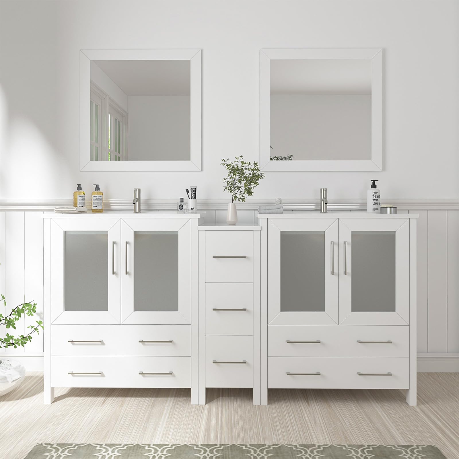 Vanity Art 72in Under-mount Double Vanity (White, 7 Drawers)