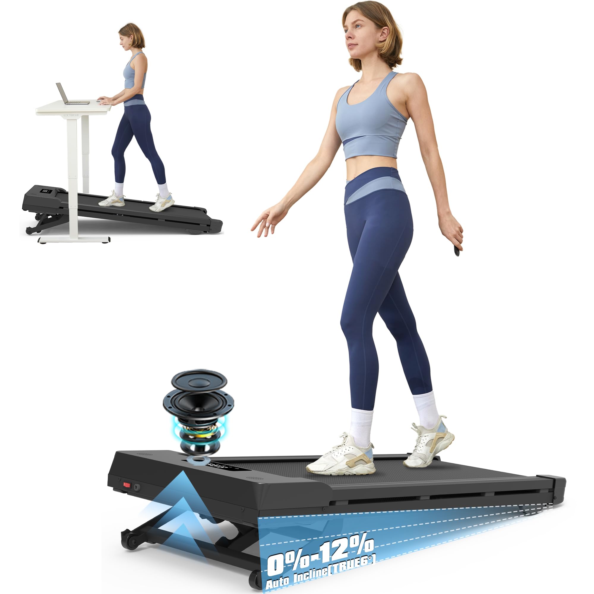 Walking Pad Treadmill with 12% 9-Level Auto Incline, 450 lbs Capacity Bluetooth Speaker Under Desk Treadmills for Home Hiking