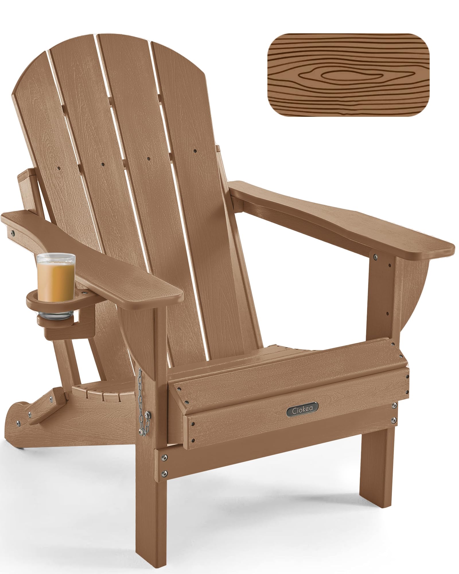 Ciokea Folding Adirondack Chair (Teak) — Wood-Texture HDPE with Retractable Cup Holder