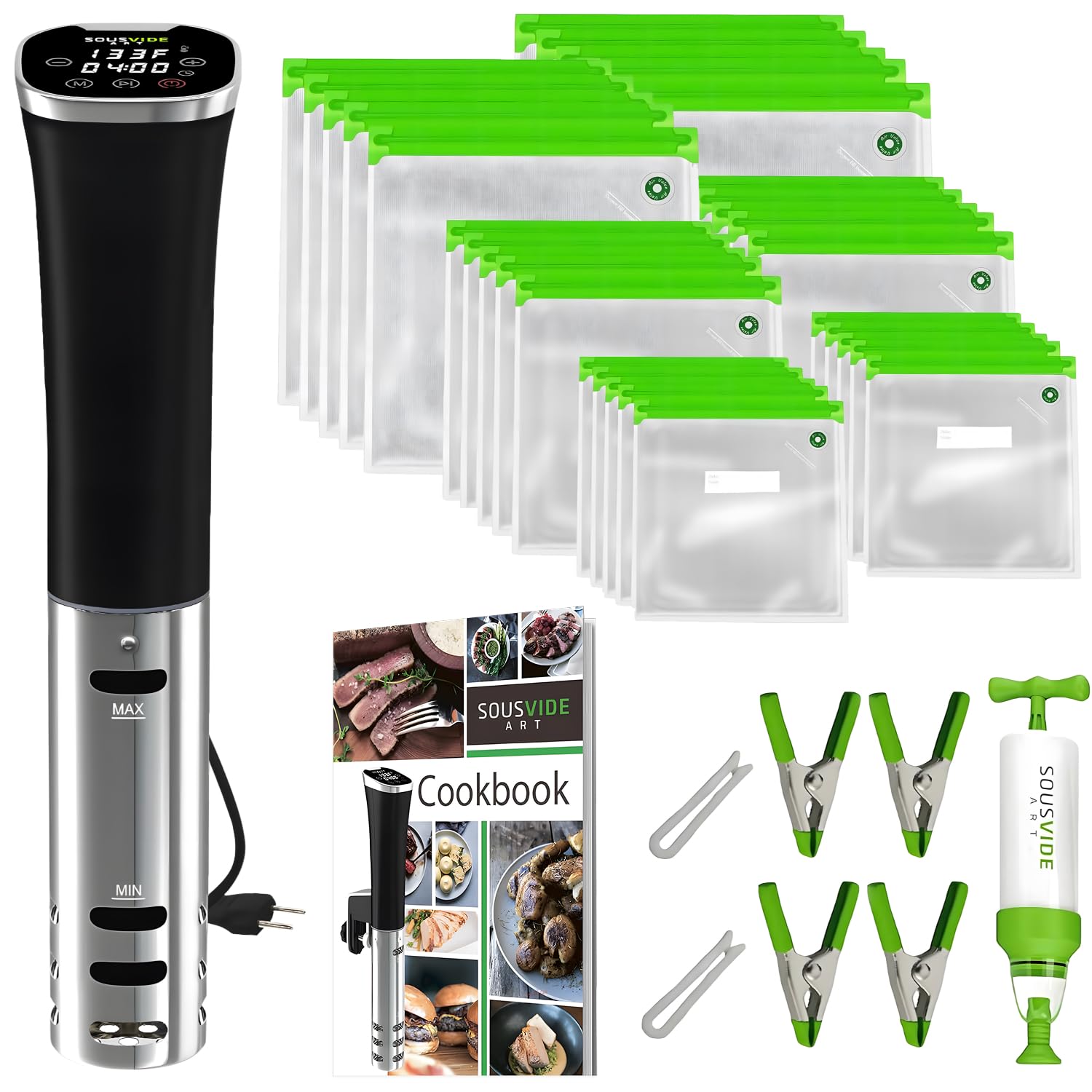 SOUSVIDE ART Sous Vide Immersion Cooker Kit - Machine with Digital Timer, 30 Bags, Vacuum Pump