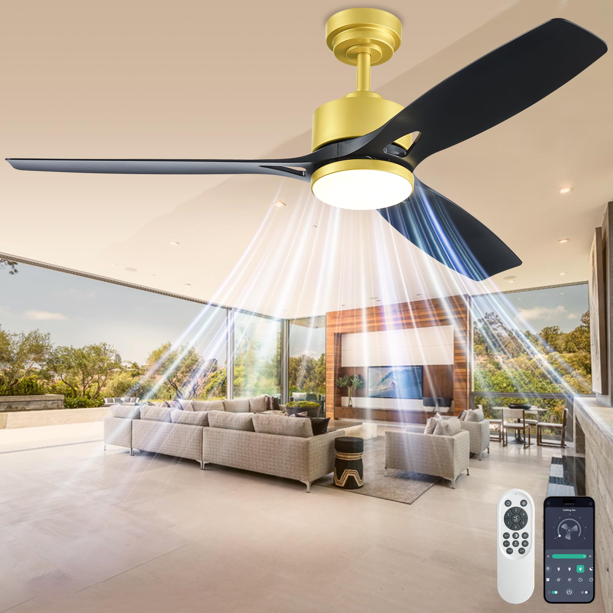 52in Black Gold Ceiling Fan with Light (Smart App)