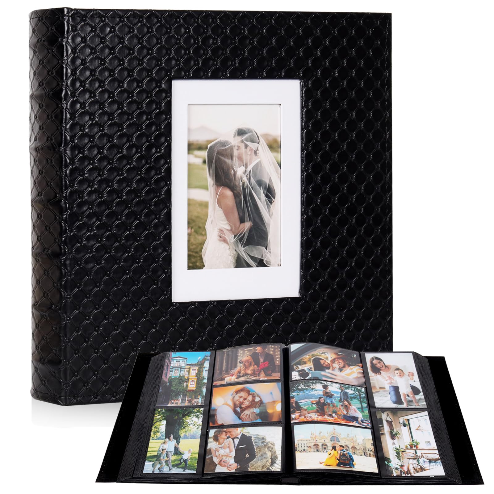 RECUTMS Photo Album for 4x6 Pictures 600 Pockets Black Inner Page Button Grain Leather Cover of Large Capacity Pictures Album Book Birthday Christmas Wedding Anniversary Memory (Black) 600 Pockets A-Black