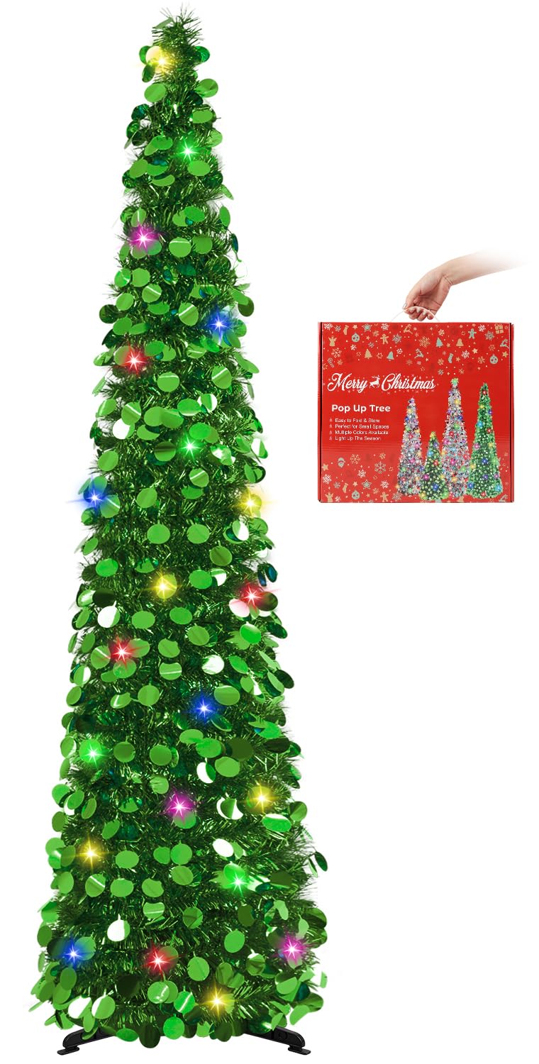 MACTING Pop Up Christmas Tree with 50 LED Lights 5FT Collapsible Tinsel Pencil Tree Easy-Assembly Coastal Glitter Artificial Tree for Porch Apartment Corner Home Party Indoor Xmas Decorations,Green Green 5ft
