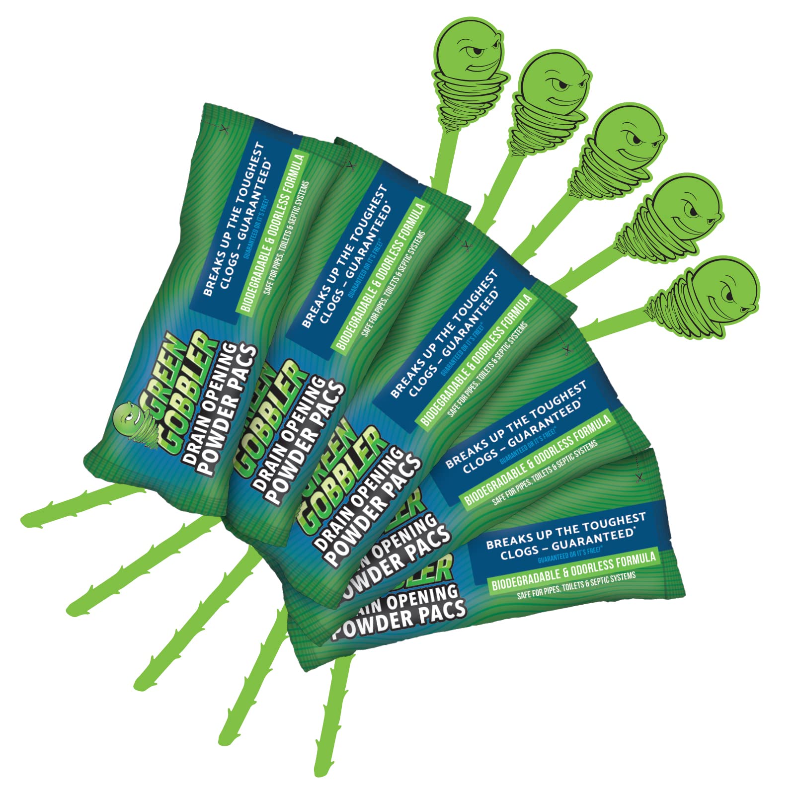 Green Gobbler Drain Clog Remover & Drain Cleaner Powder (5 Pacs & 5 Tools)