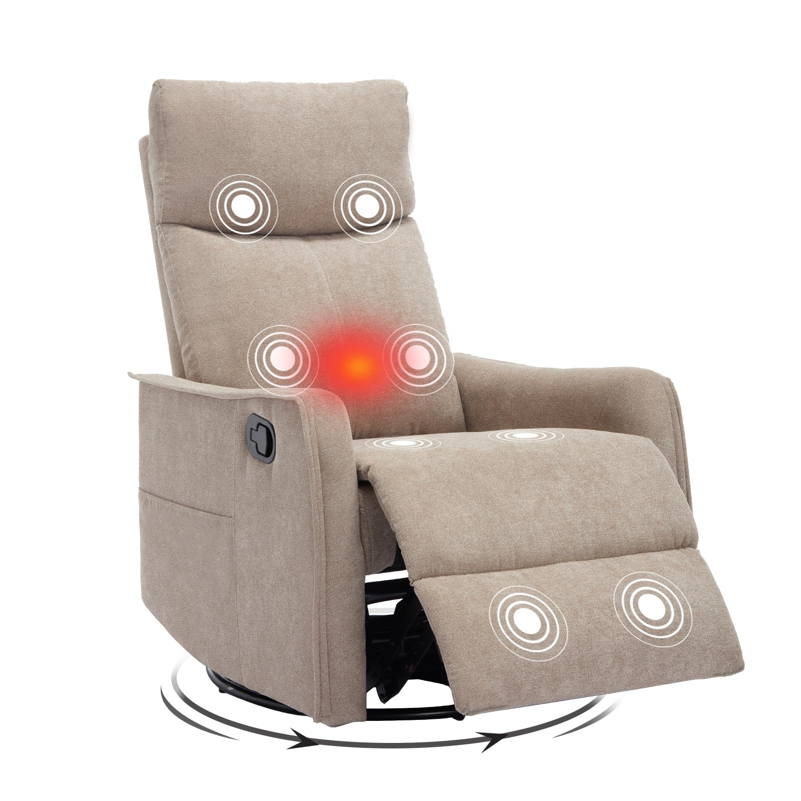 Swivel Rocker Recliner with Heat and Massage — Khaki Fabric