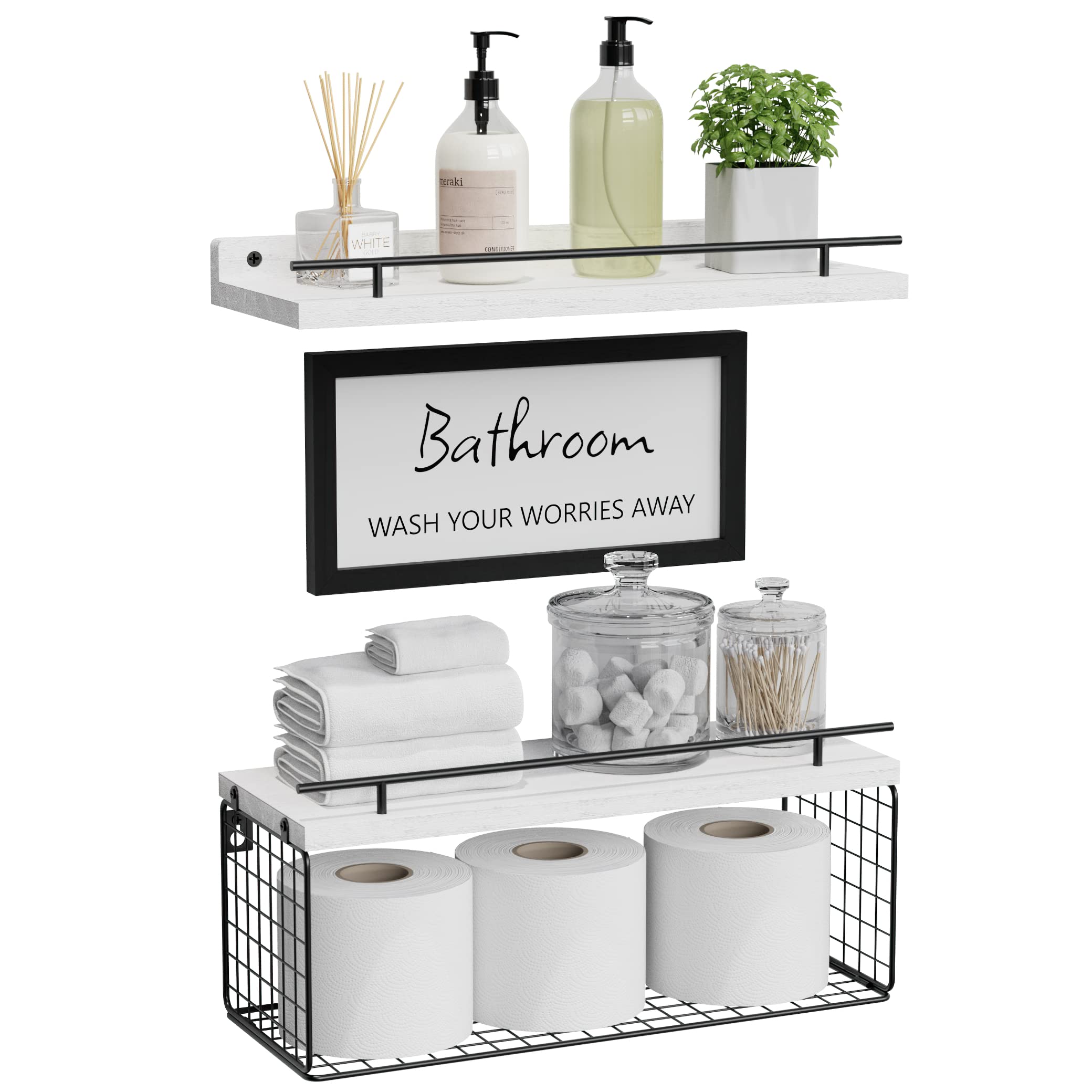 WOPITUES Floating Shelves with Guardrail and Basket