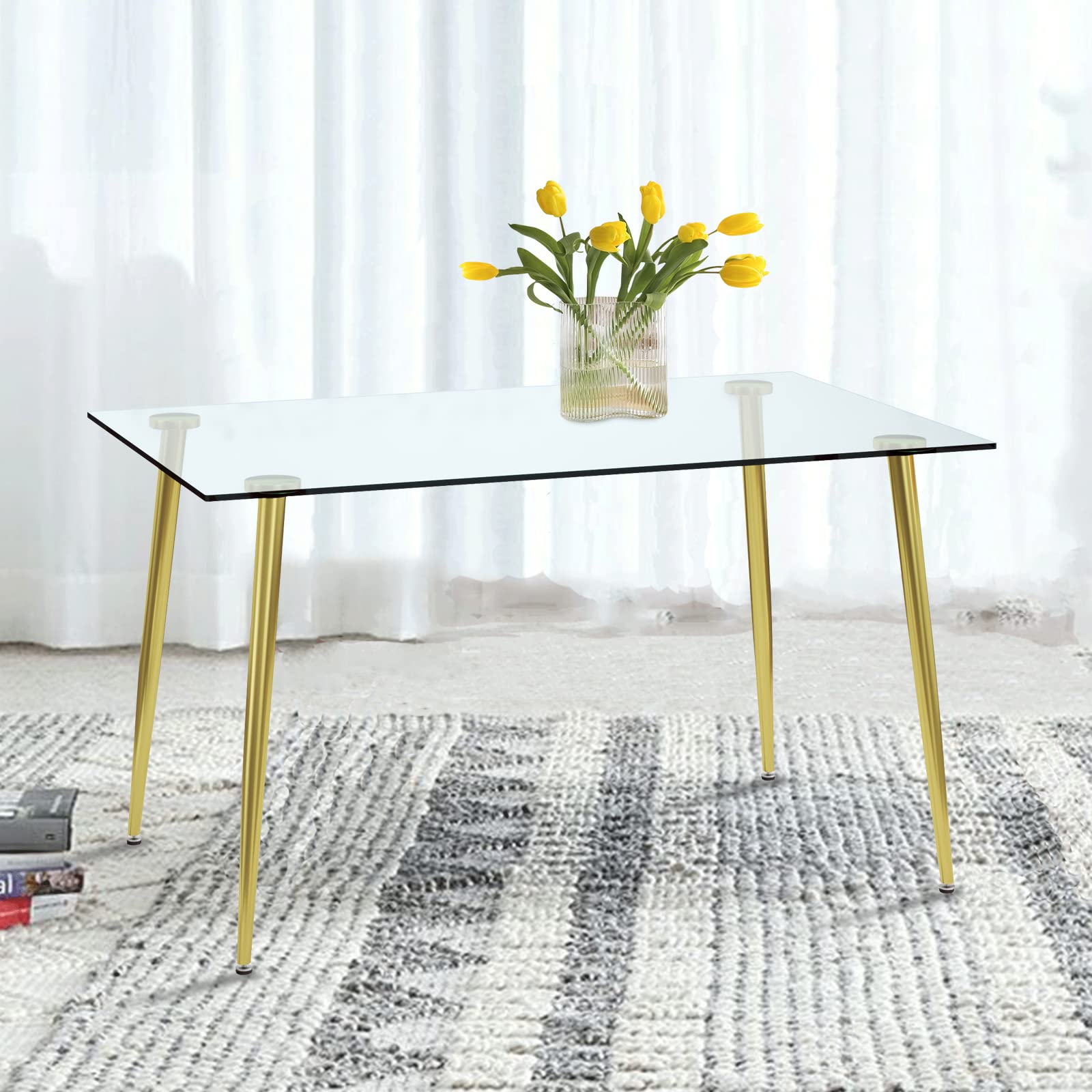 51" Rectangular Tempered Glass Dining Table — Gold Plated Legs
