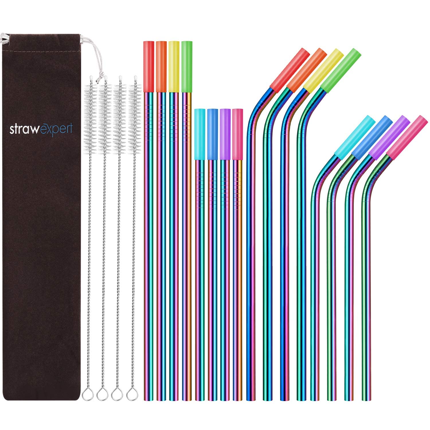 StrawExpert Rainbow Stainless Straws (16‑Pack)
