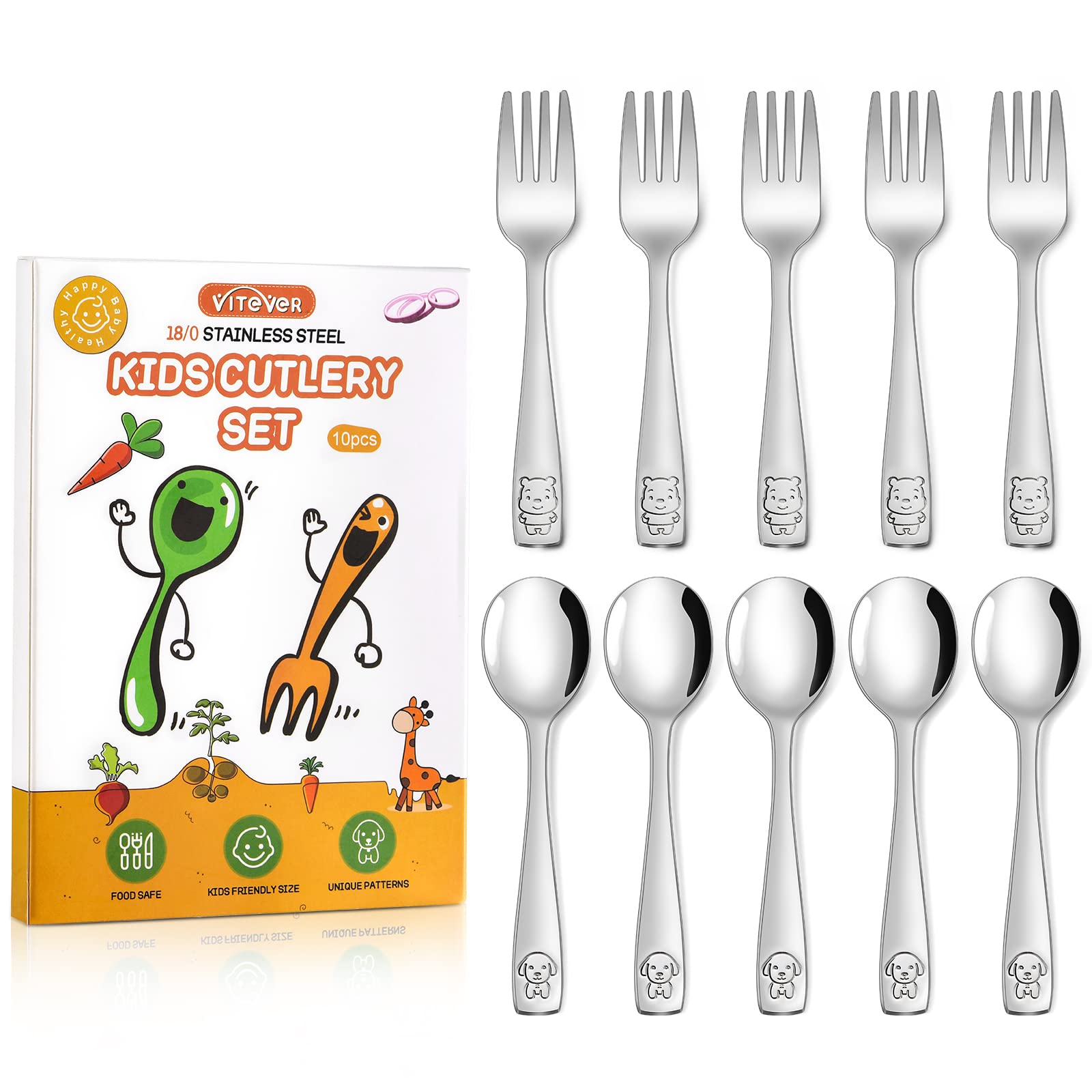 VITEVER 10-Piece Toddler Utensils — Kids Stainless Steel Silverware Set