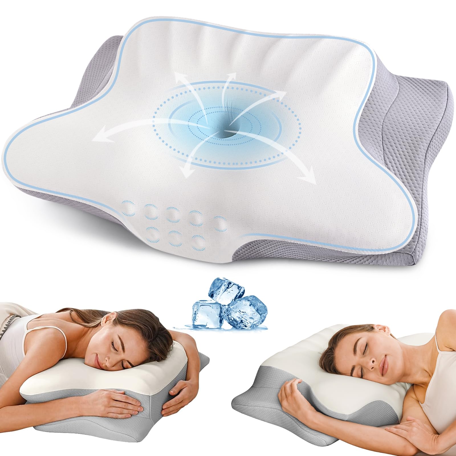 Cervical Neck Pillow for Pain Relief, Contour Memory Foam Pillows with Cooling Pillowcase (Light Grey)