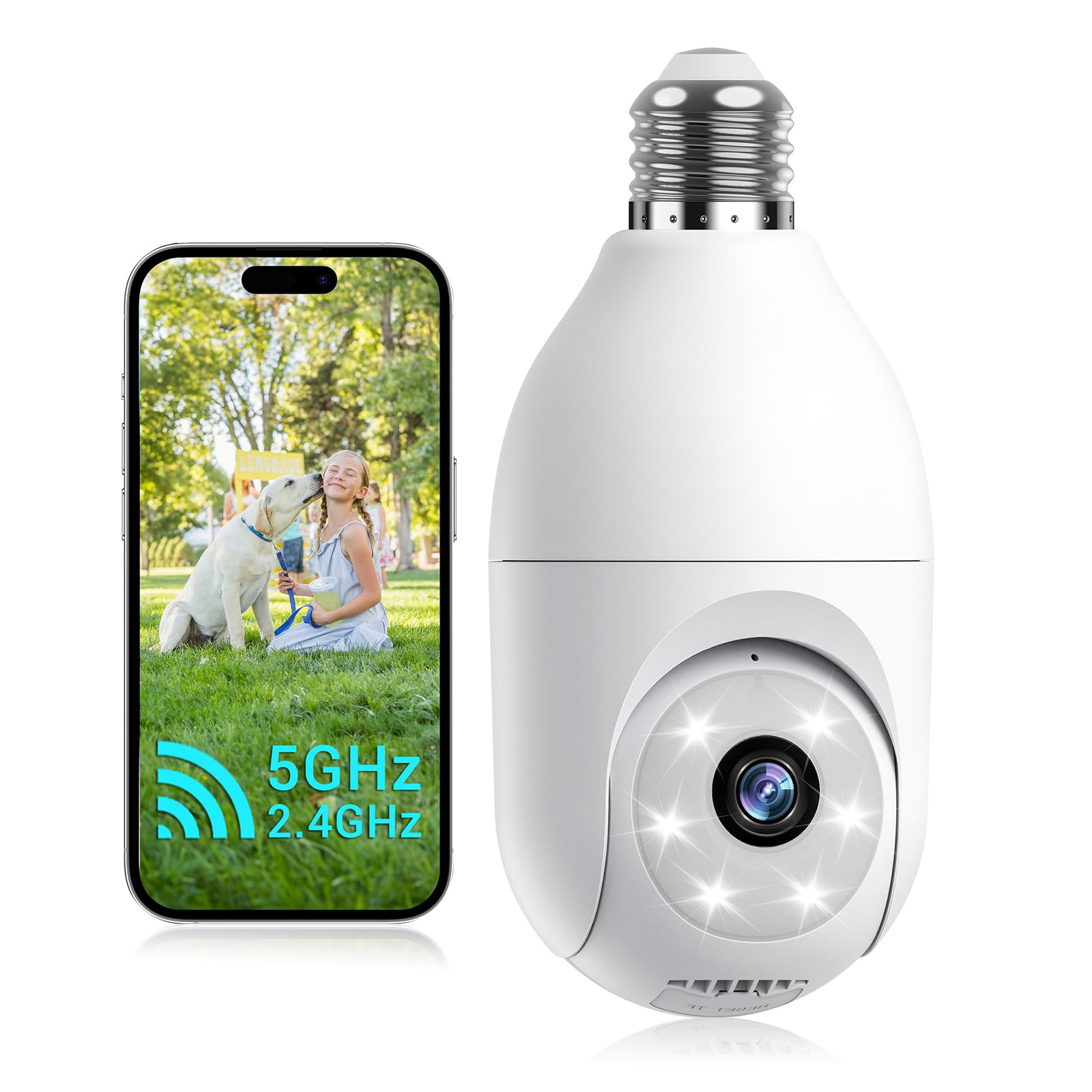 Light Bulb Security Camera Wireless Outdoor Indoor, 5G & 2.4G WiFi, Patrol Function, AI Human Detection, Motion Tracking