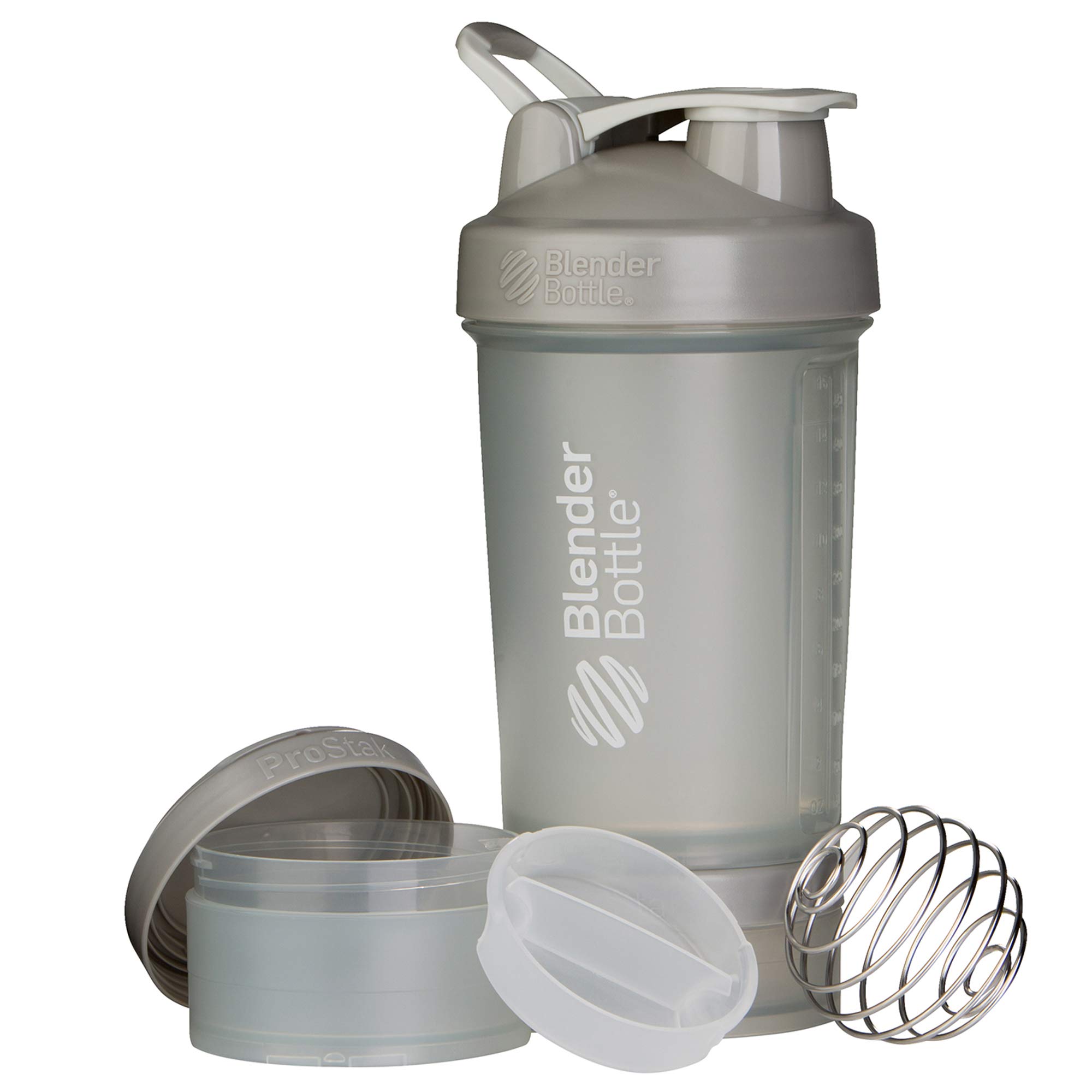 BlenderBottle Shaker Bottle with Pill Organizer and Storage for Protein Powder ProStak System, 22-Ounce, Pebble Grey