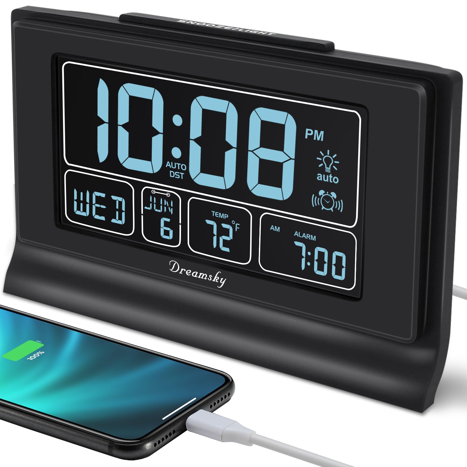 DreamSky Alarm Clocks for Bedrooms with Battery Backup, Auto Set Digital Clock with Date and Day of Week, Temperature, USB Port, Auto DST, Dimmer, 12/24H Black