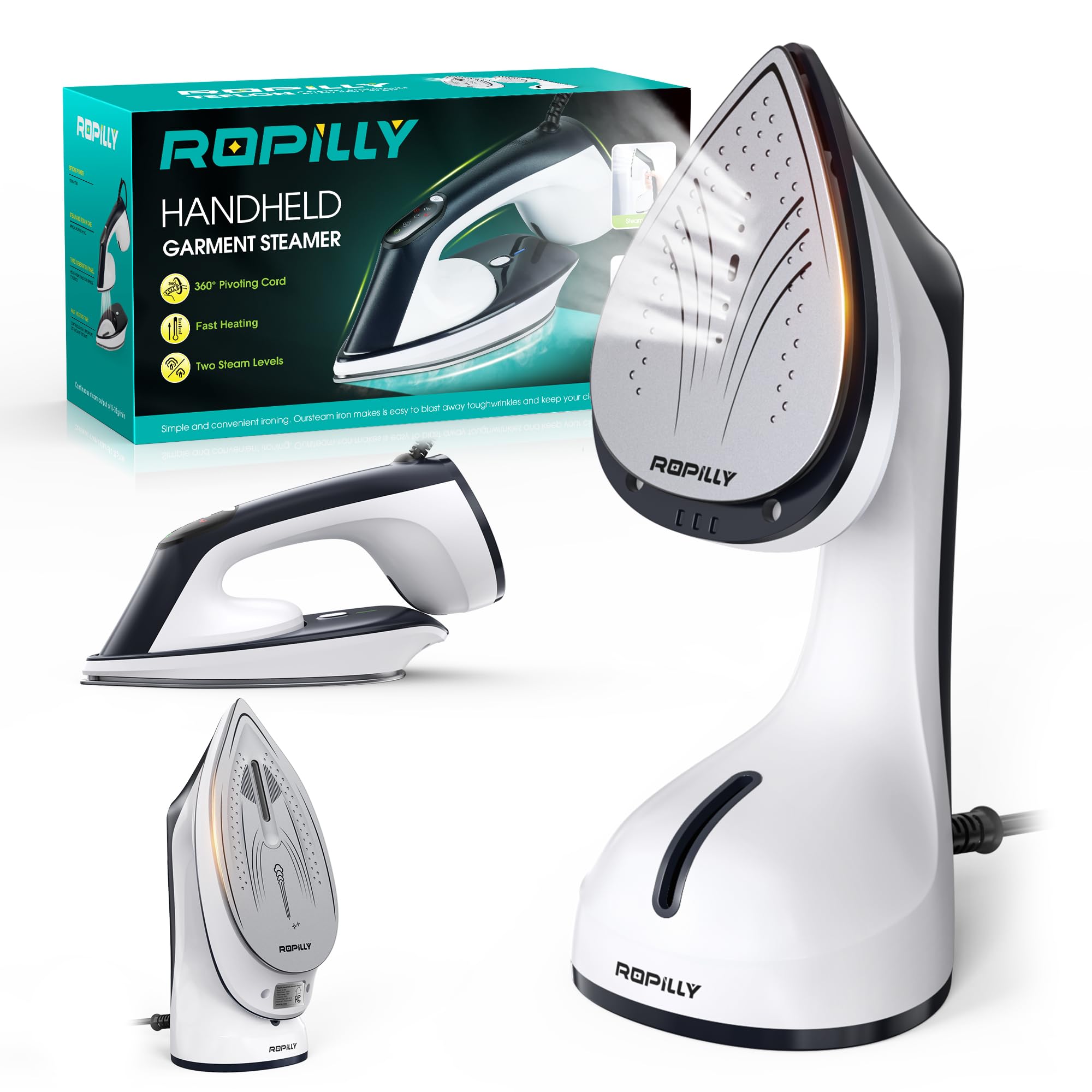 Steamer for Clothes, 1600W 2-in-1 Steamer & Iron with Large Ceramic Plate (White)