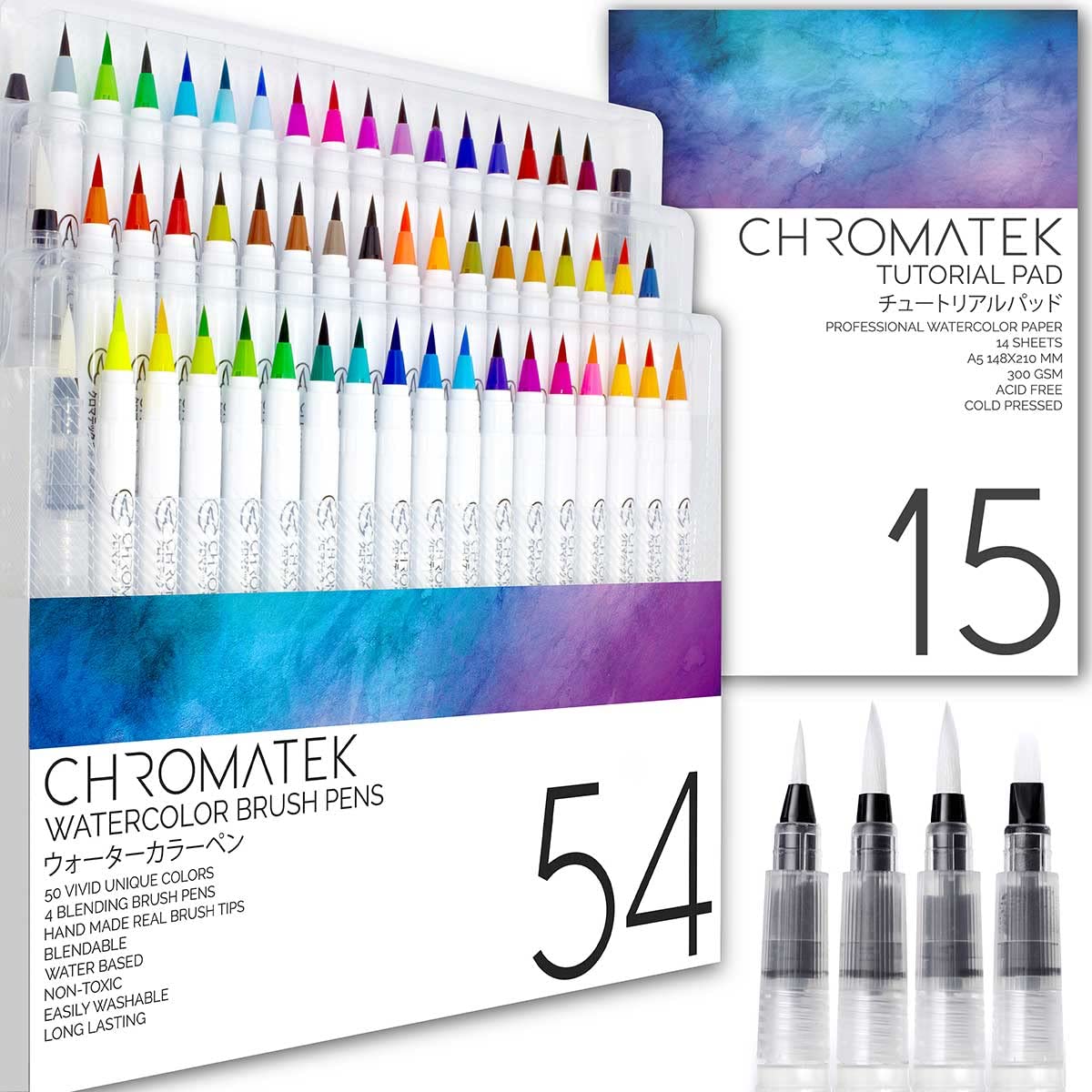 CHROMATEK 54 Watercolor Pens Set | 4 Aquapens & 50 Unique Colors