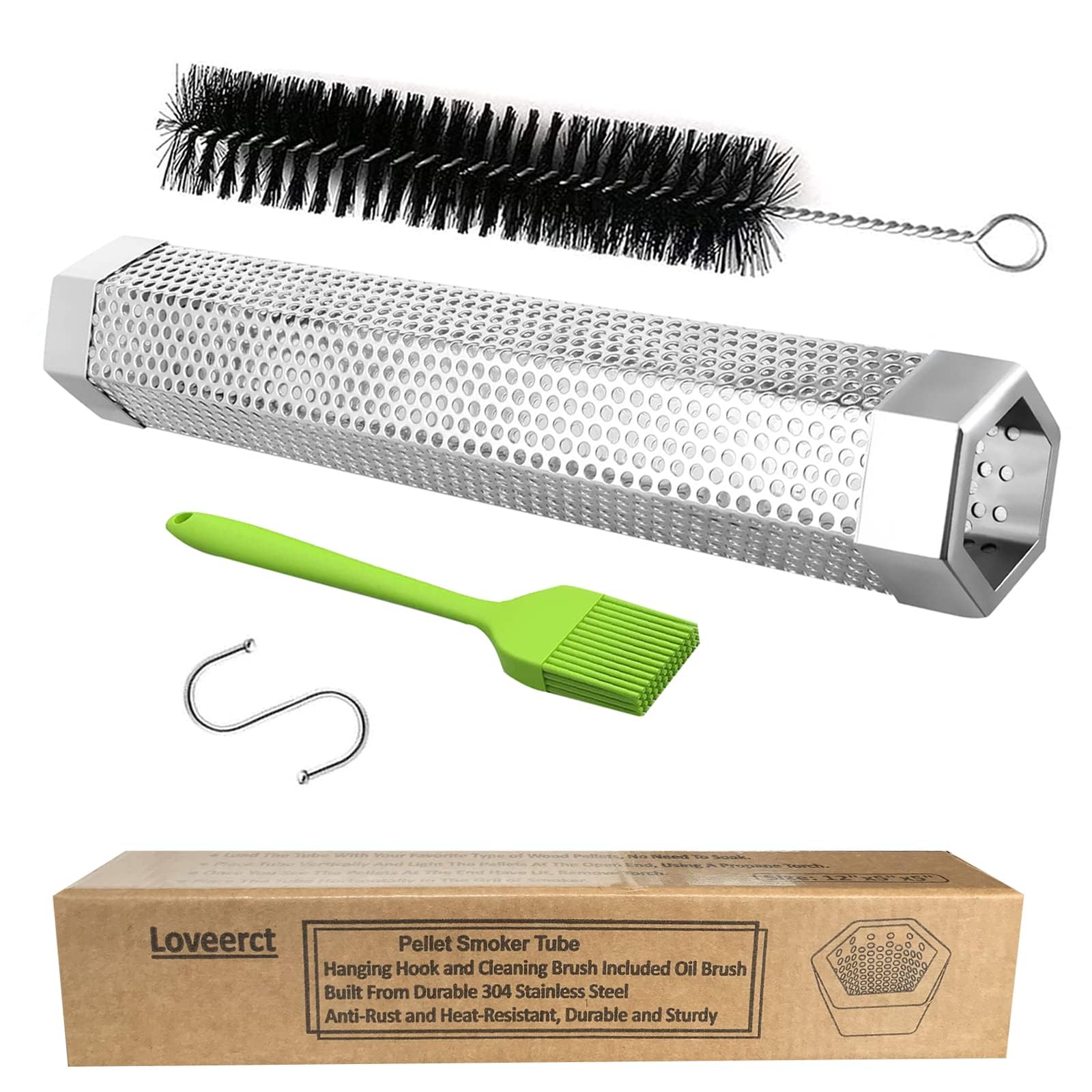 Smoke Tube for Pellet Smoker 12" - Includes Cleaning, Basting Brush & S-Hook