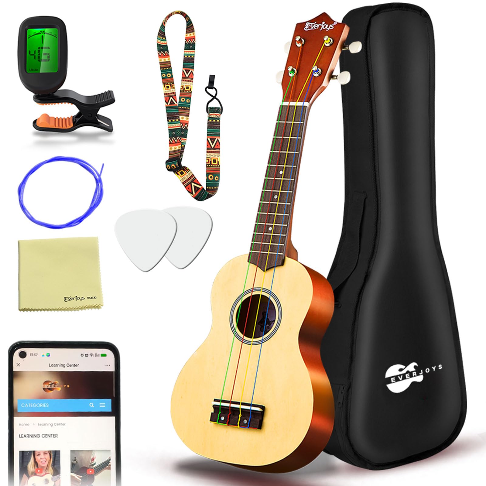 Everjoys 21" Soprano Ukulele Starter Pack
