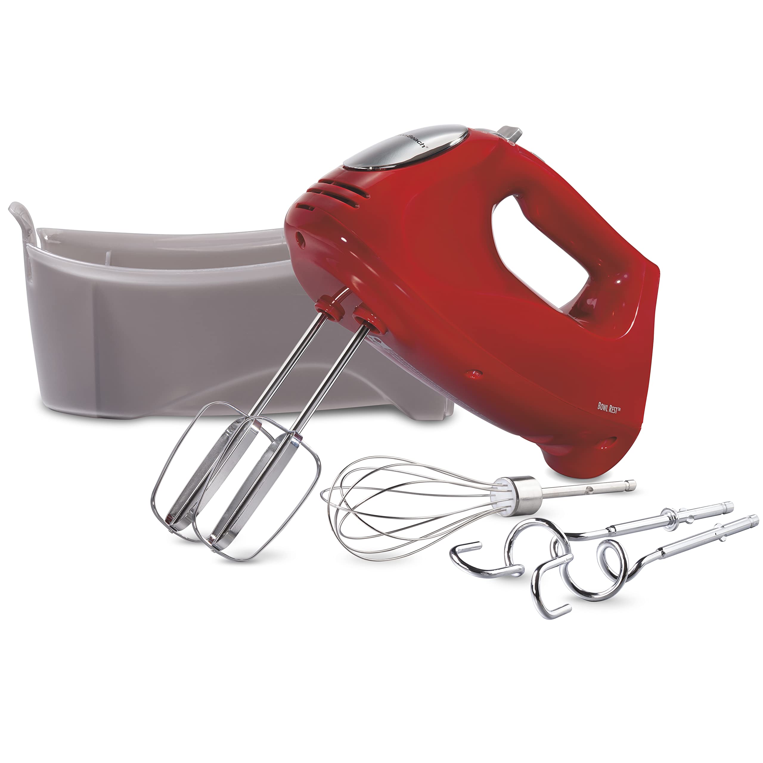 Hamilton Beach 6-Speed Electric Hand Mixer with Whisk, Traditional Beaters, Dough Hooks, Snap-On Storage Case, 275 Watts, Red Red Dough Hooks, Snap-On Storage Case