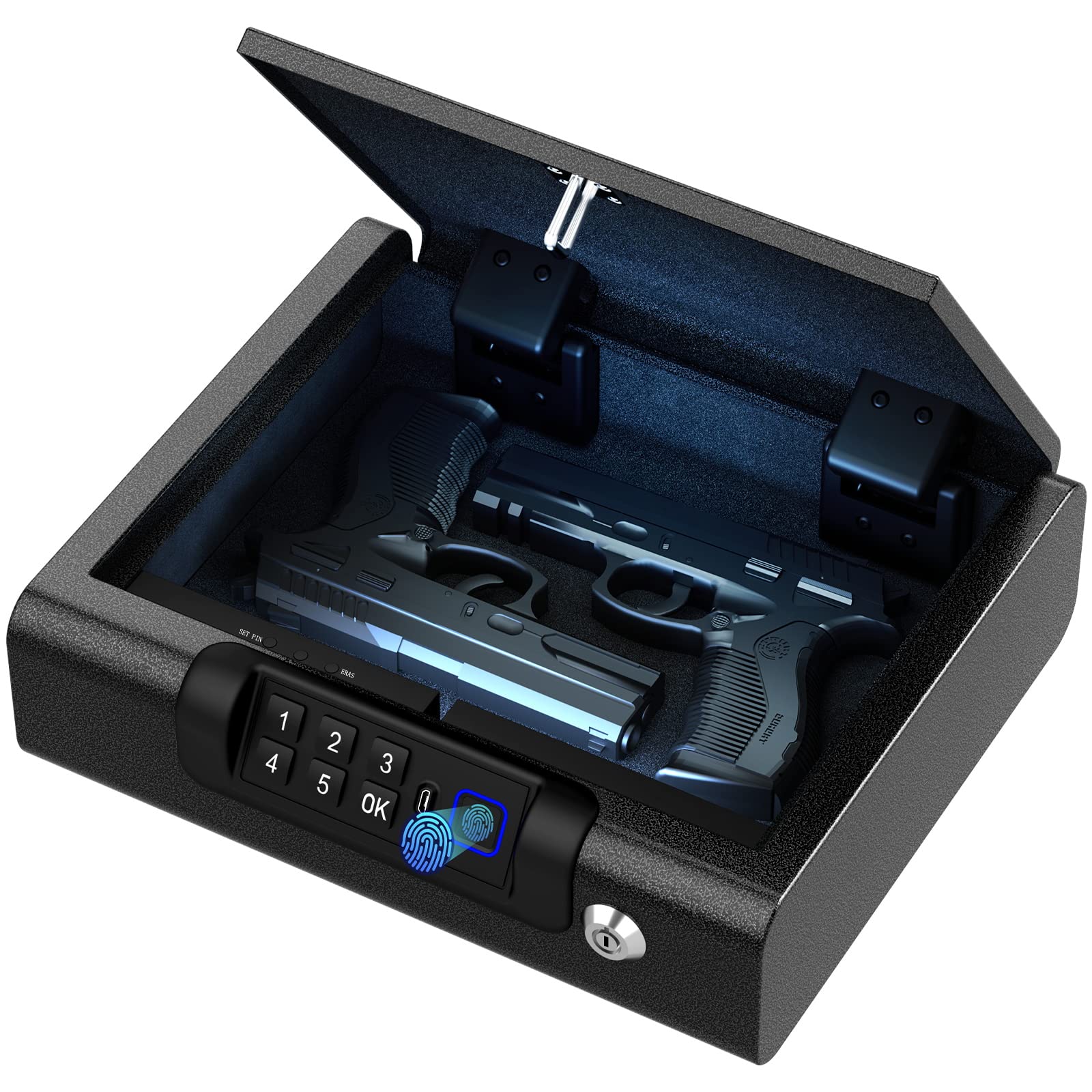 BILLCONCH Biometric Gun Safe — 3-Way Unlock, LED Light, USB Charge, Portable Pistol Safe
