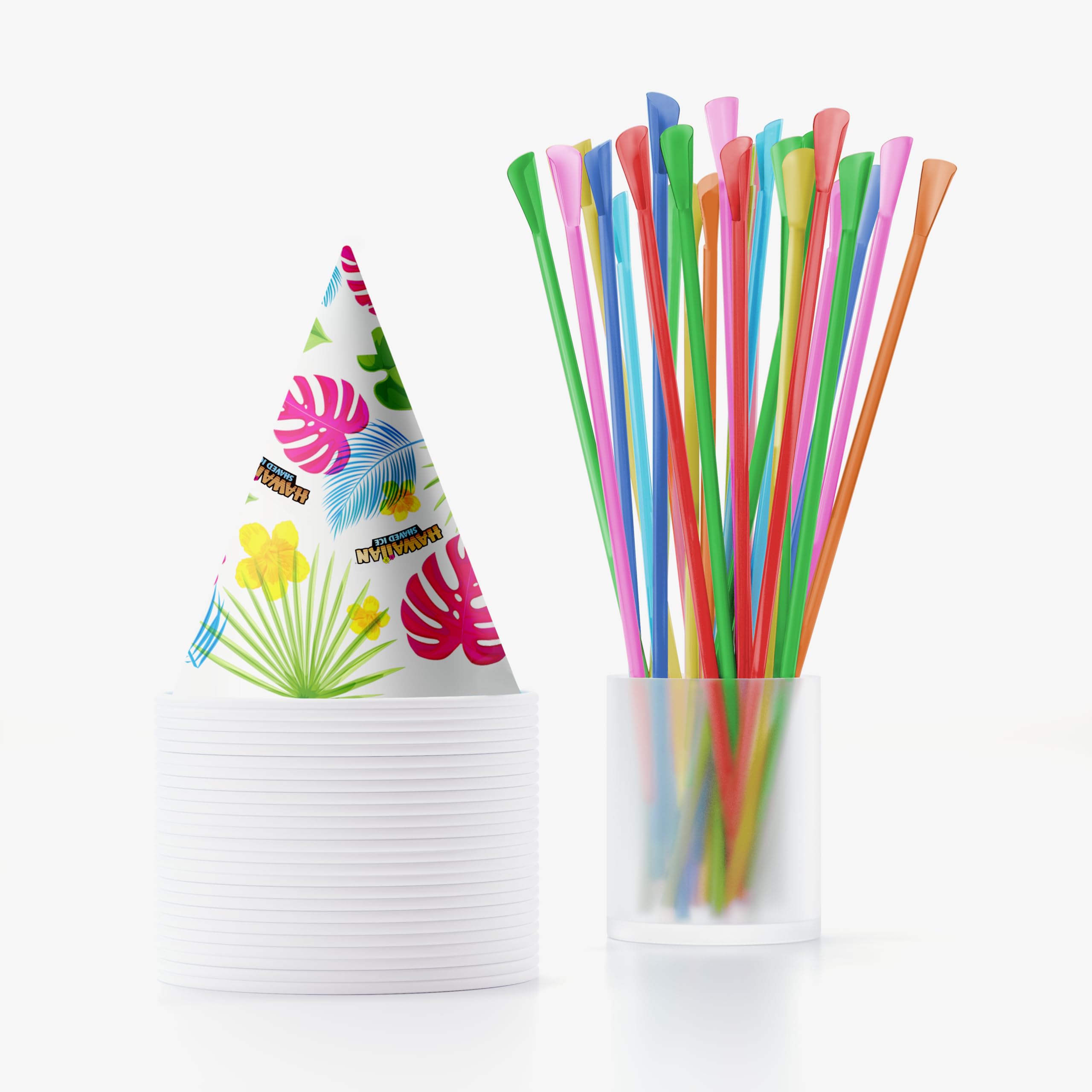 Hawaiian Waxed Paper Snow Cone Cups & Spoon Straws