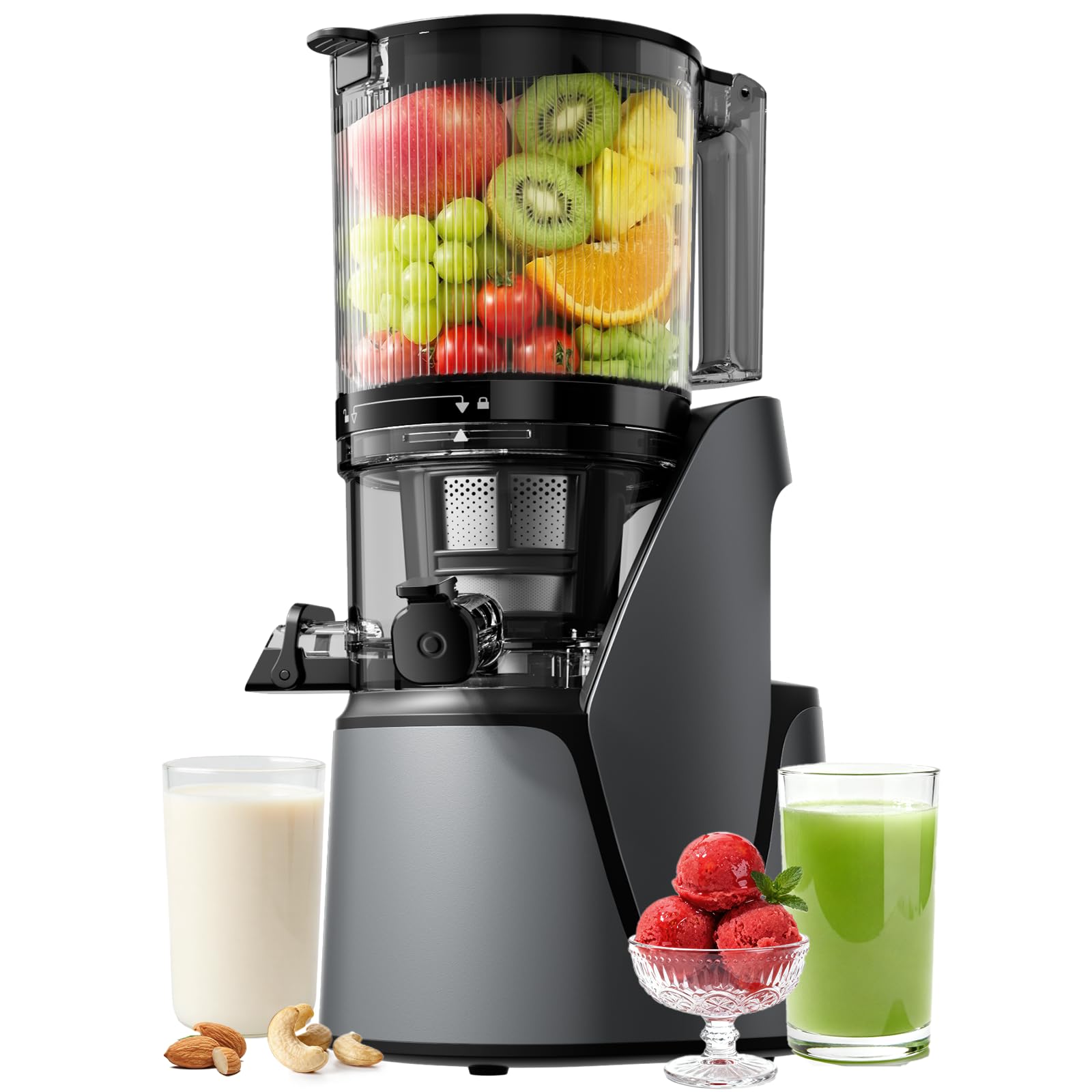 Juicer Machines, 3-in-1 Cold Press Juicer with 6.5" Extra Large Chute, 100oz Large Capacity, AC Motor, Makes Juice, Nut Milk & Sorbet, Premium Gray