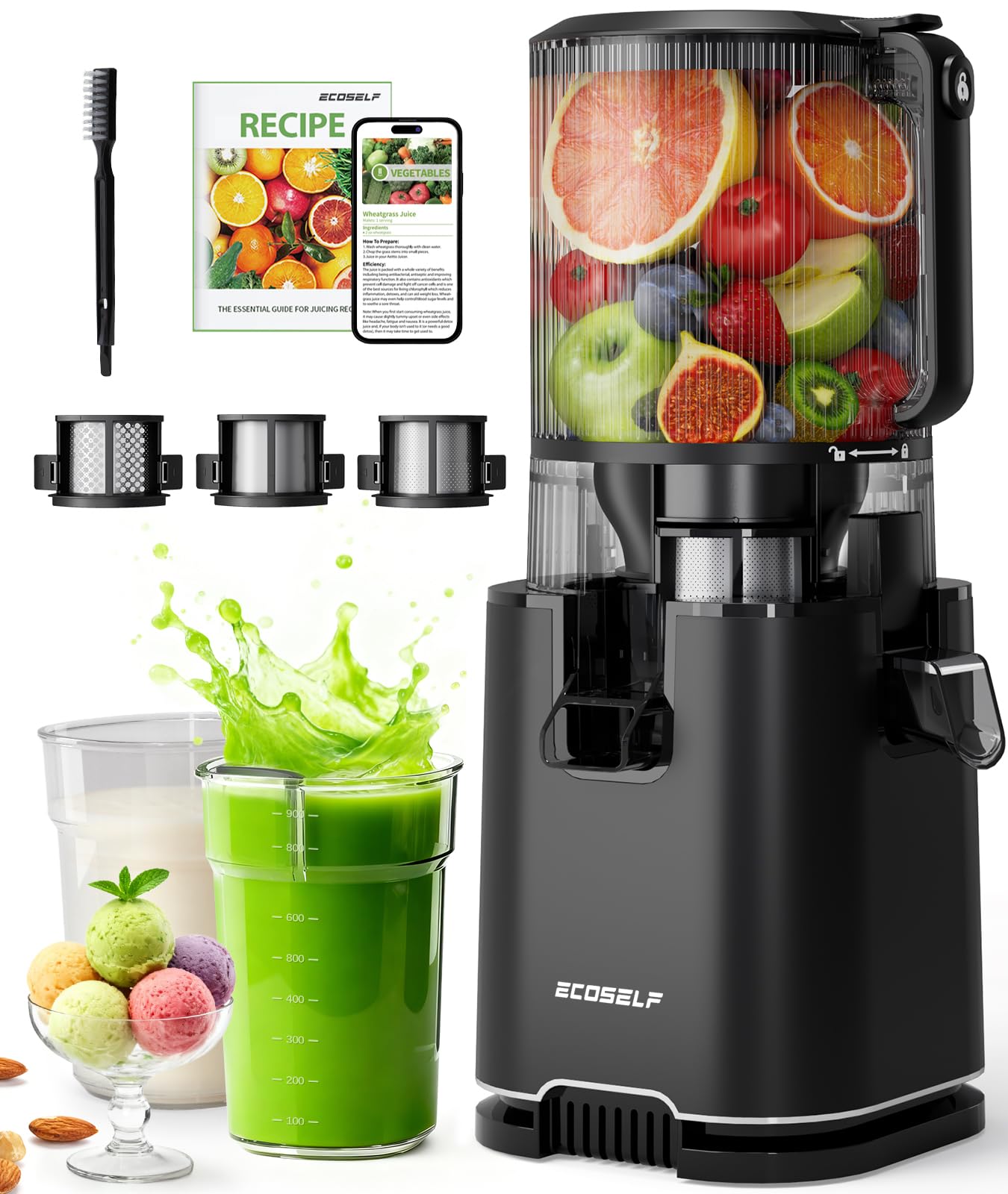 Cold Press Juicer with 3 Filters, 6.0" Wide Mouth Hopper (Extra Large Black)