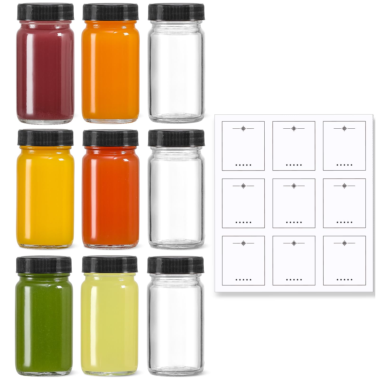 2 oz Glass Shot Bottles with Black Lids (9 Pack)